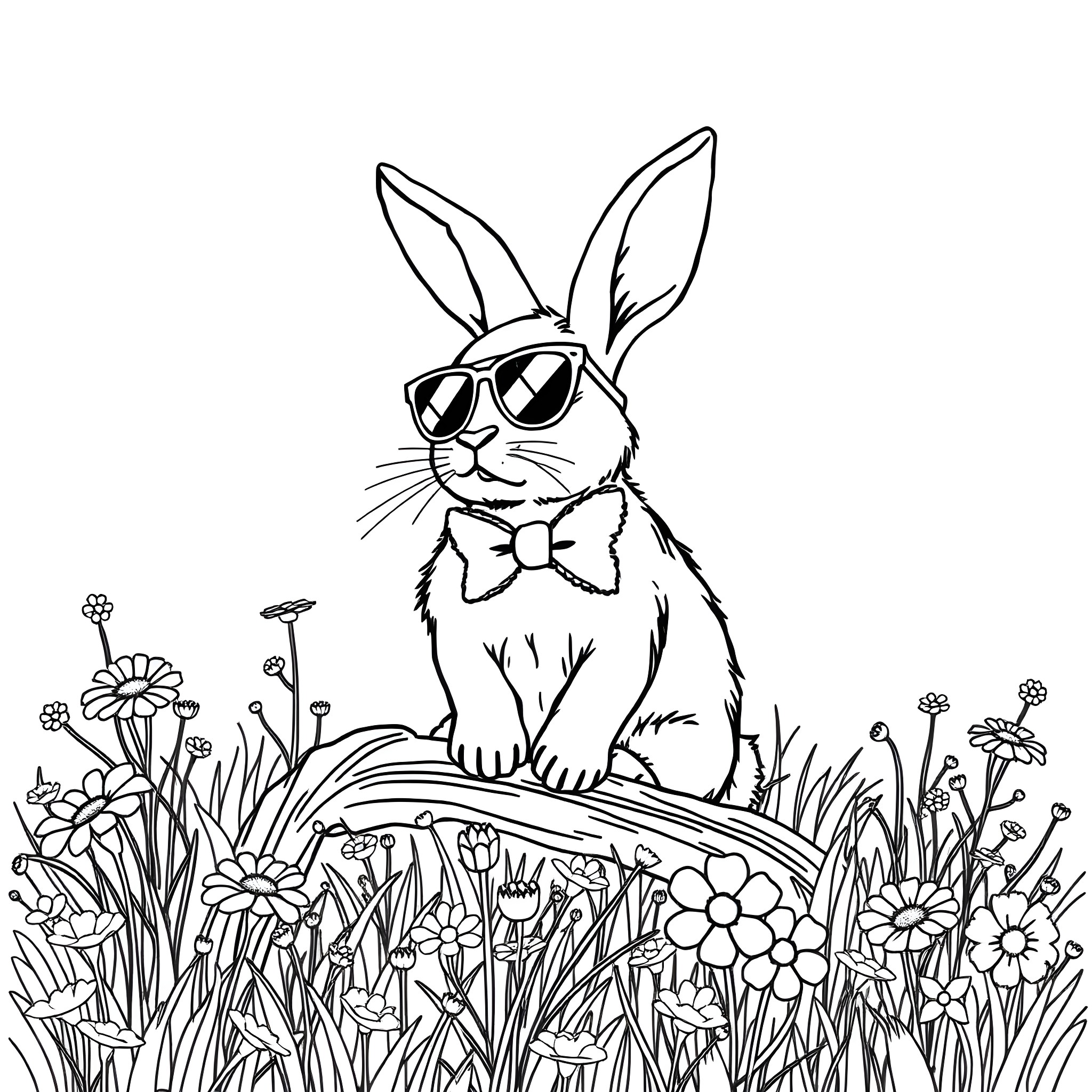 Bunny wearing sunglasses in a floral meadow Coloring Page (free black-and-white line drawing printable PDF for all, from beginners to advanced learners, including children, teens, adults, and seniors)