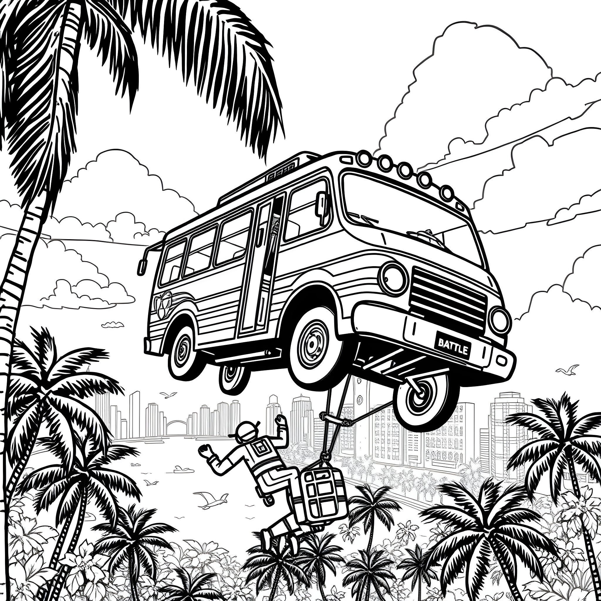 Battlebus traveling through the tropical landscape Coloring Page (free black-and-white line drawing printable PDF for all, from beginners to advanced learners, including children, teens, adults, and seniors)