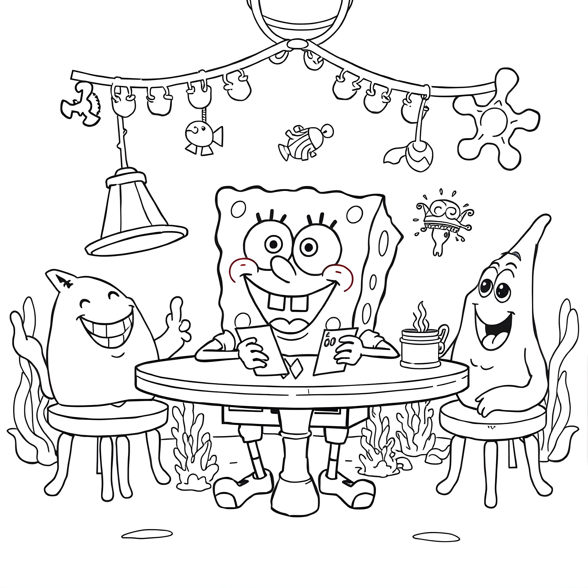 Spongebob and friends having a fun party underwater Coloring Page (free black-and-white line drawing printable PDF for all, from beginners to advanced learners, including children, teens, adults, and seniors)