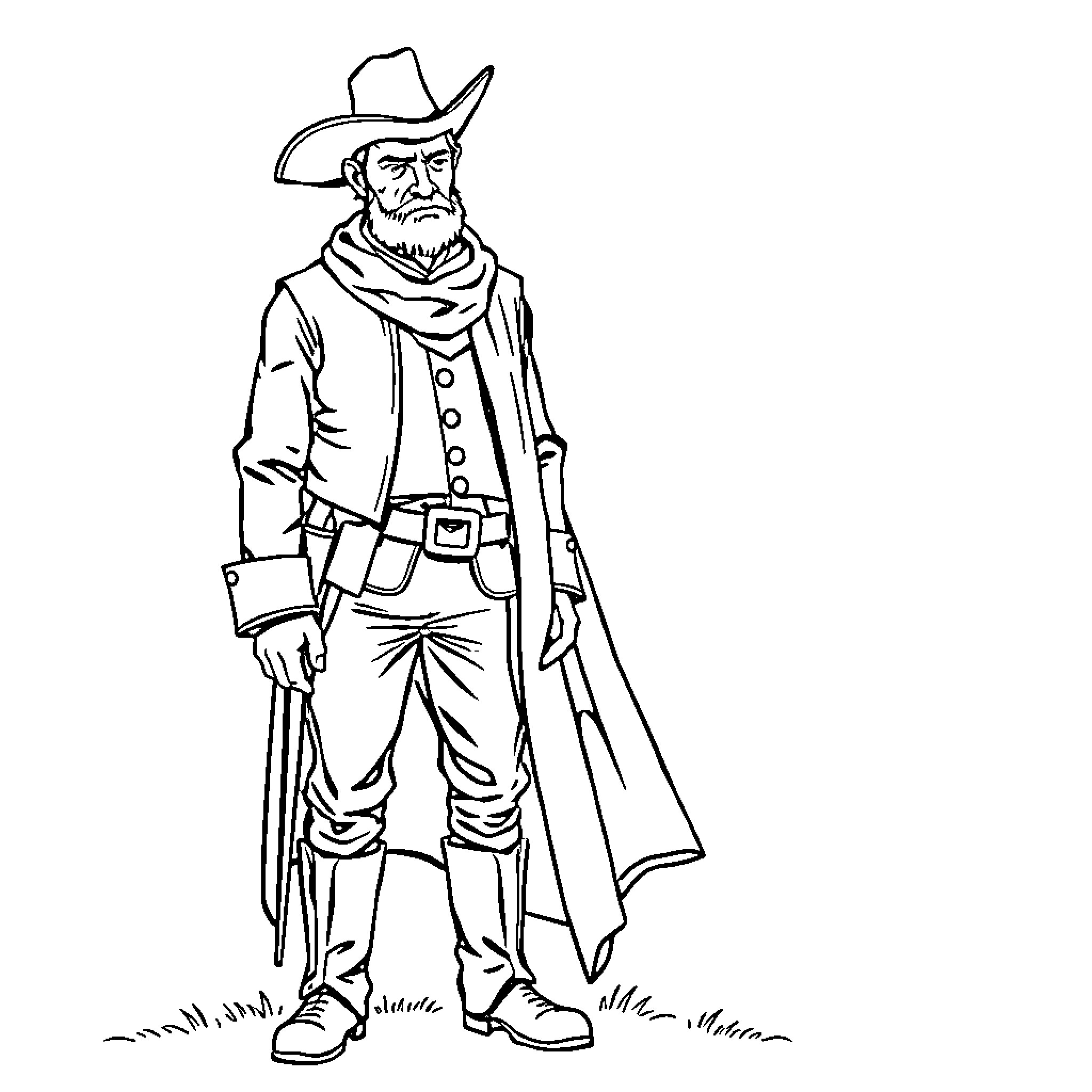 Sam Houston as a rugged Wild West cowboy Coloring Page (free black-and-white line drawing printable PDF for all, from beginners to advanced learners, including children, teens, adults, and seniors)