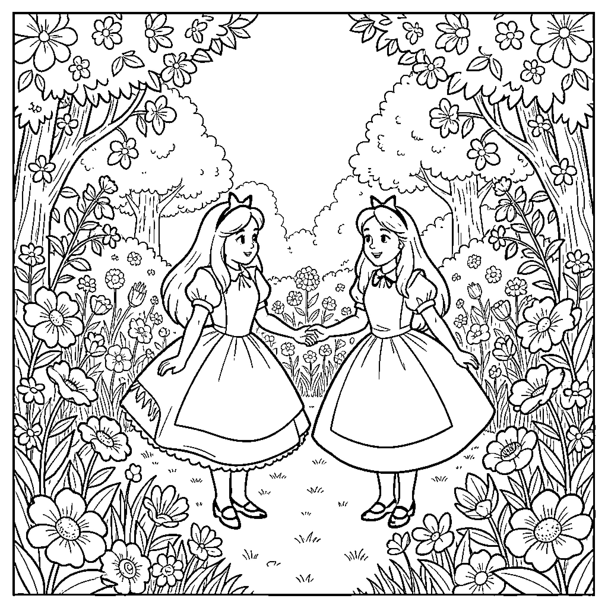 Alice and her friend explore the enchanting garden Coloring Page (free black-and-white line drawing printable PDF for all, from beginners to advanced learners, including children, teens, adults, and seniors)