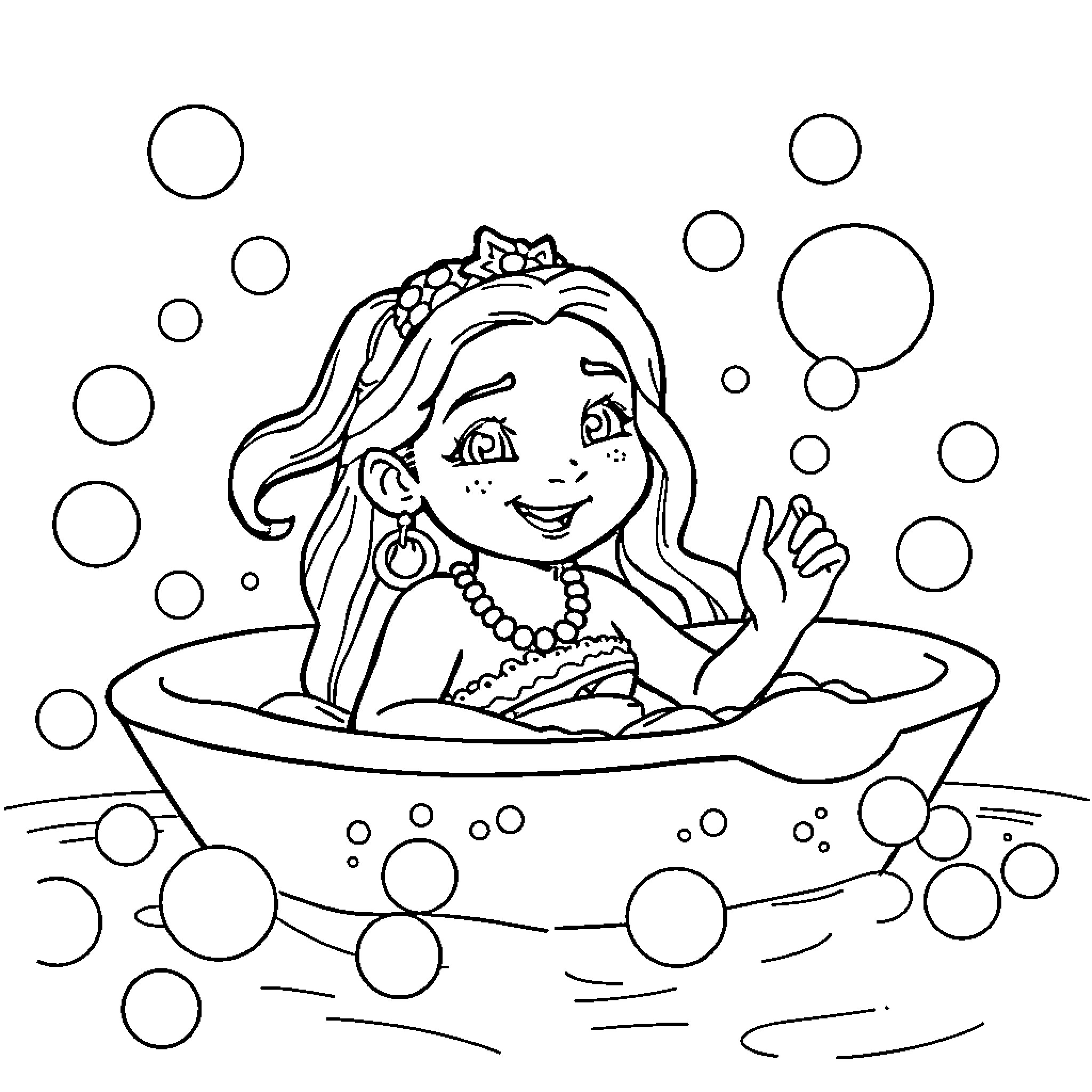 Moana relaxing in a bubble bath Coloring Page (free black-and-white line drawing printable PDF for all, from beginners to advanced learners, including children, teens, adults, and seniors)