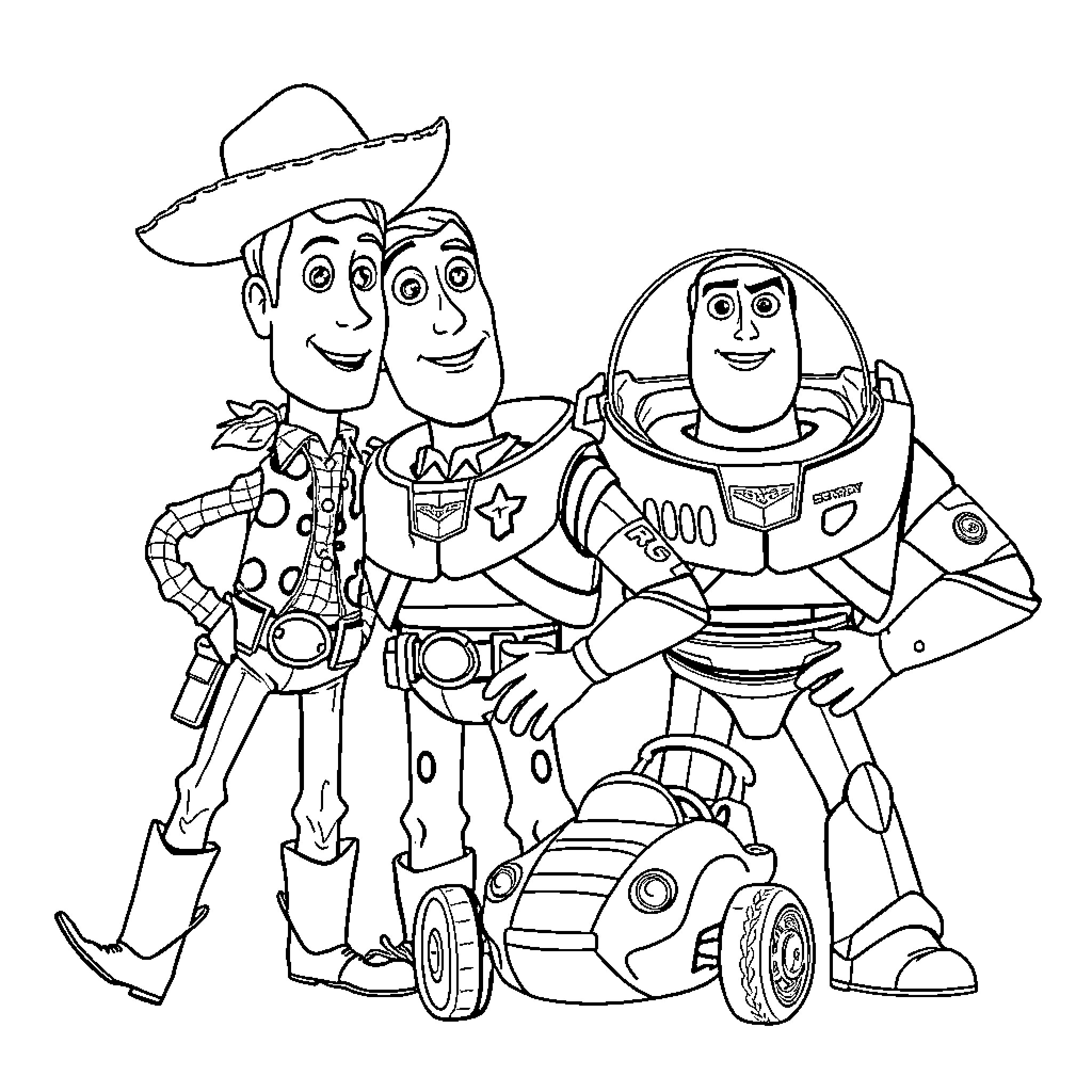 Toy Story Characters in Playful Poses Coloring Page (free black-and-white line drawing printable PDF for all, from beginners to advanced learners, including children, teens, adults, and seniors)
