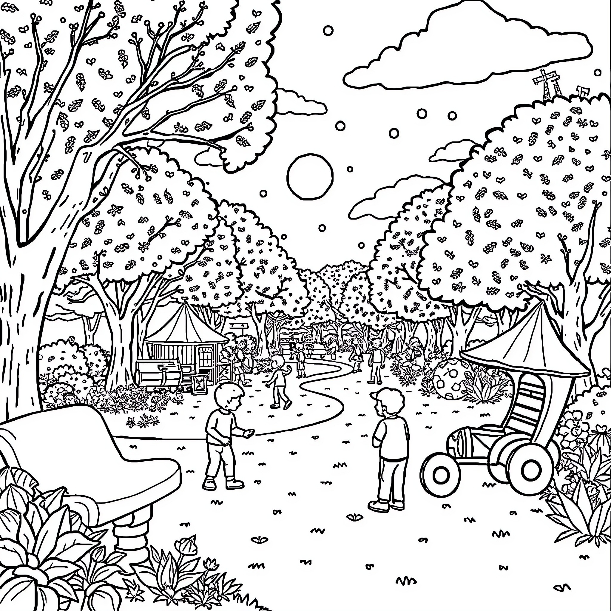 Children's Park with Outdoor Activities and Scenery Coloring Page (free black-and-white line drawing printable PDF for all, from beginners to advanced learners, including children, teens, adults, and seniors)