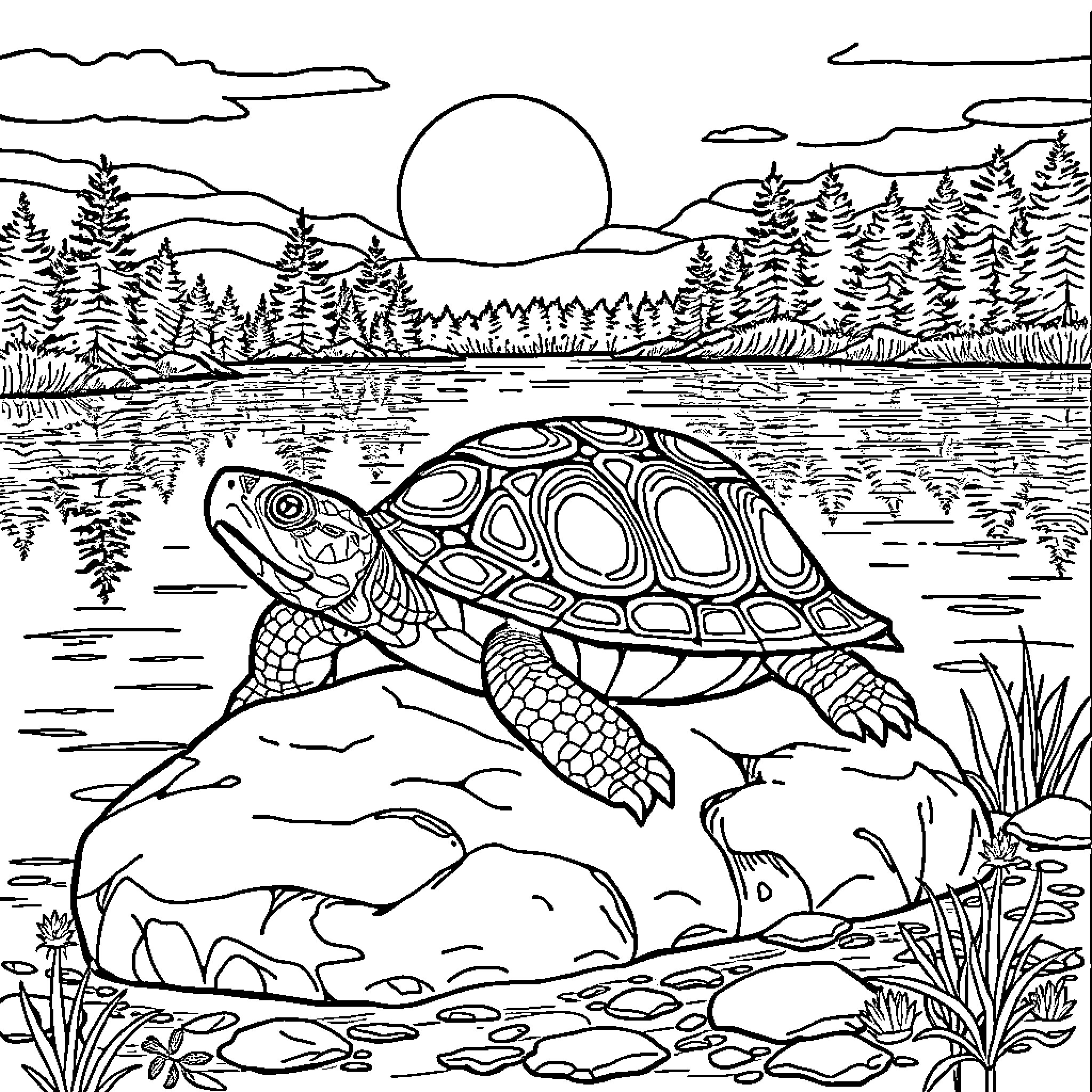 Turtle exploring the scenic lake landscape Coloring Page (free black-and-white line drawing printable PDF for all, from beginners to advanced learners, including children, teens, adults, and seniors)