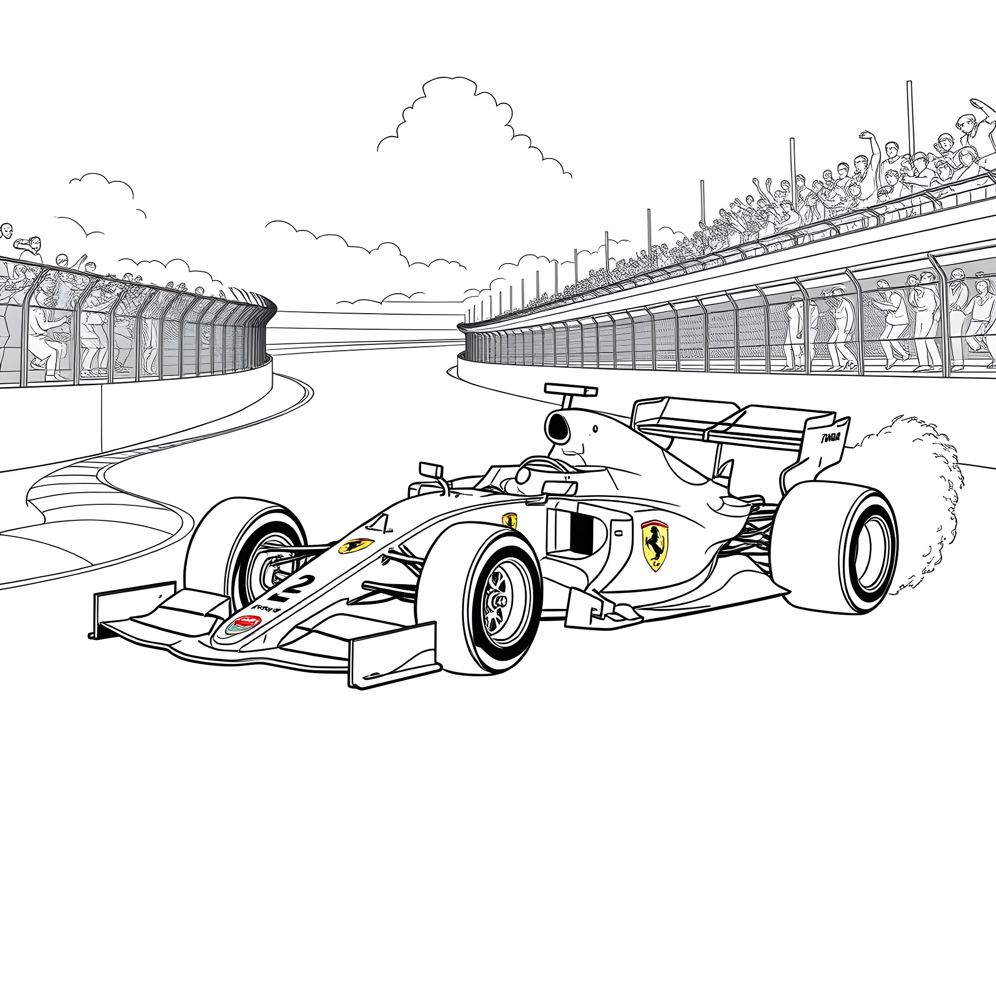 Ferrari Race Car on Grand Prix Track Coloring Page (free black-and-white line drawing printable PDF for all, from beginners to advanced learners, including children, teens, adults, and seniors)