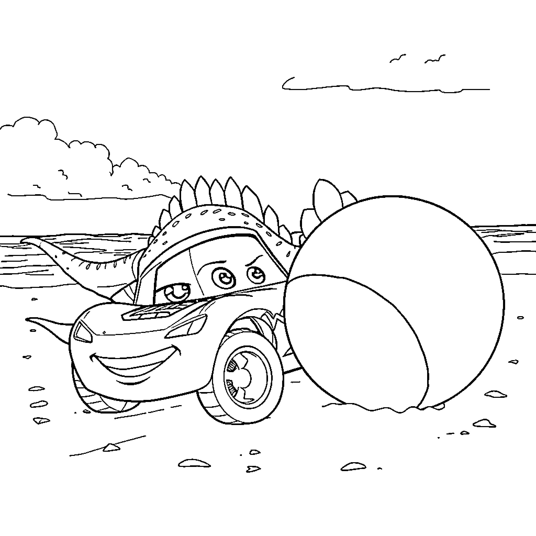 Flash McQueen's Playful Adventure with Dinosaur Eggs Coloring Page (free black-and-white line drawing printable PDF for all, from beginners to advanced learners, including children, teens, adults, and seniors)