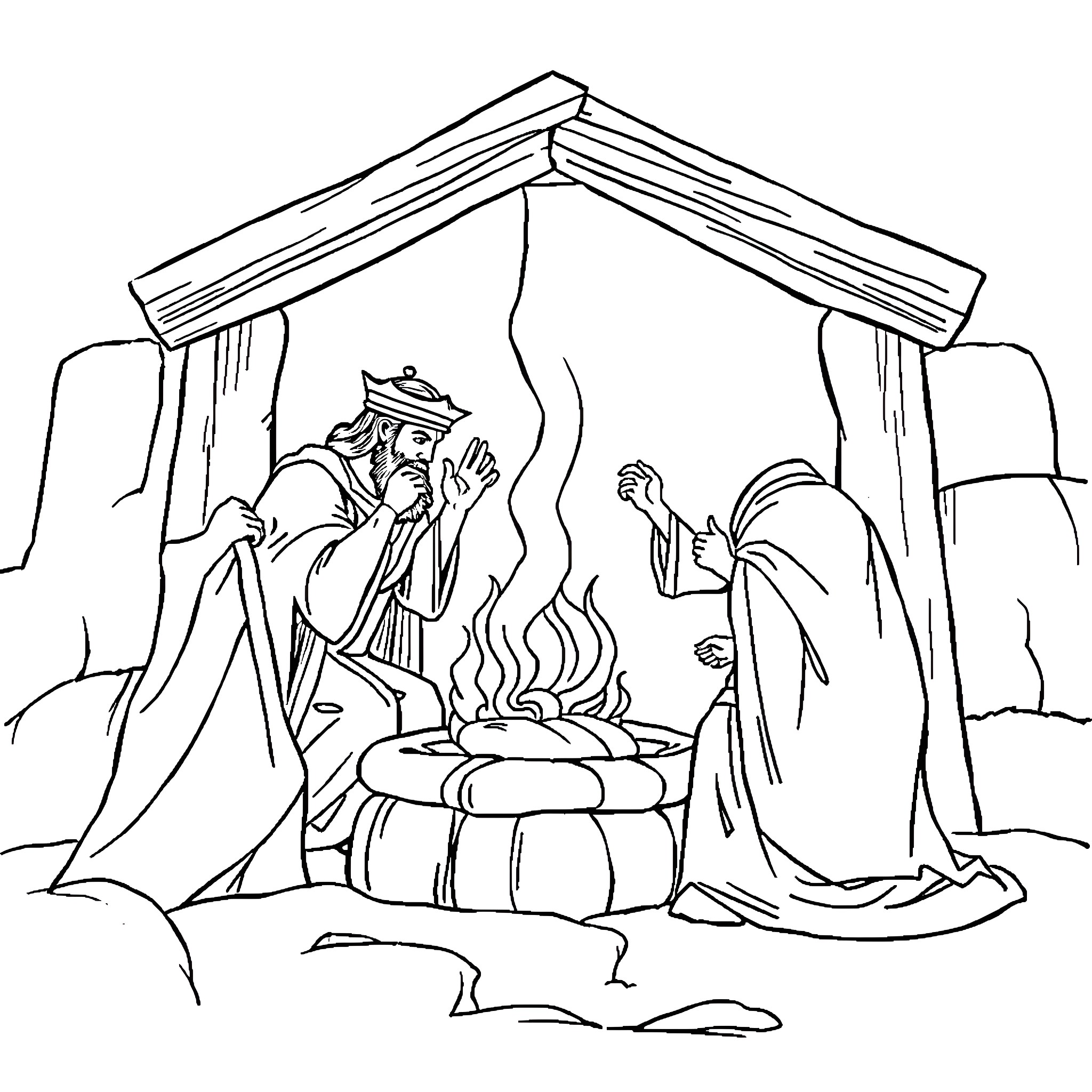King Saul and Prophets Worshipping at Altar Coloring Page (free black-and-white line drawing printable PDF for all, from beginners to advanced learners, including children, teens, adults, and seniors)