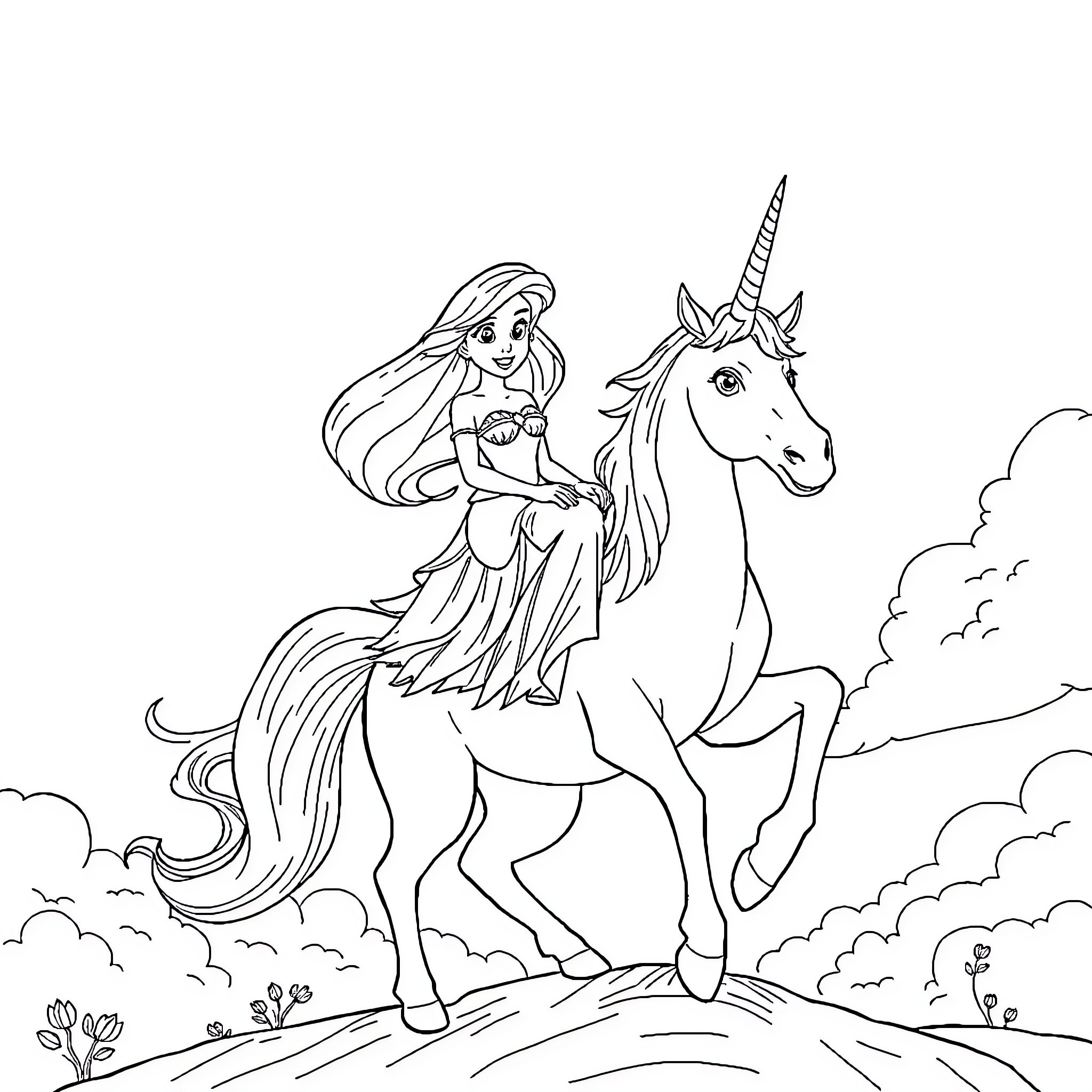 Ariel riding a magical unicorn in a fantastical scene Coloring Page (free black-and-white line drawing printable PDF for all, from beginners to advanced learners, including children, teens, adults, and seniors)