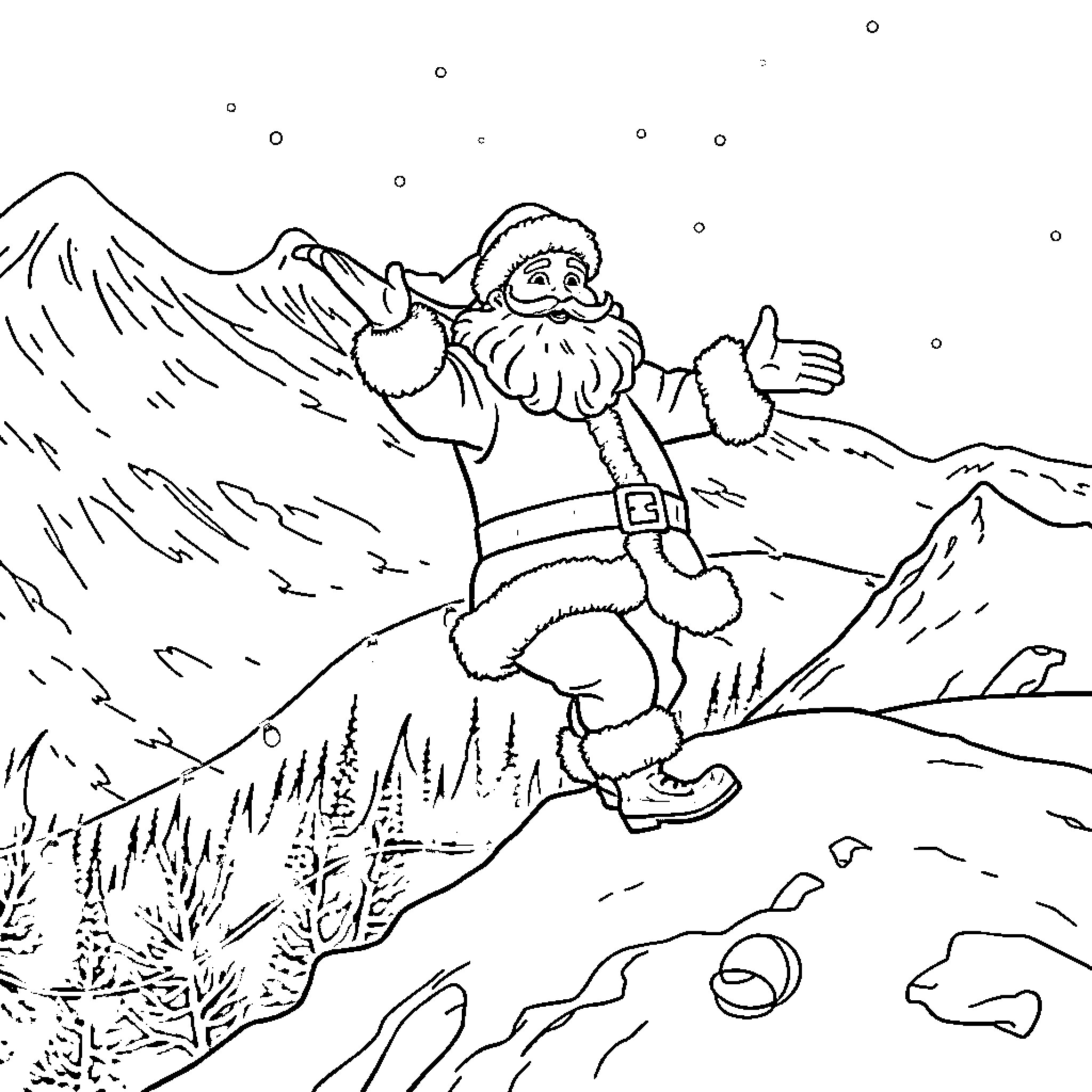 Santa hiking through snowy mountains Coloring Page (free black-and-white line drawing printable PDF for all, from beginners to advanced learners, including children, teens, adults, and seniors)