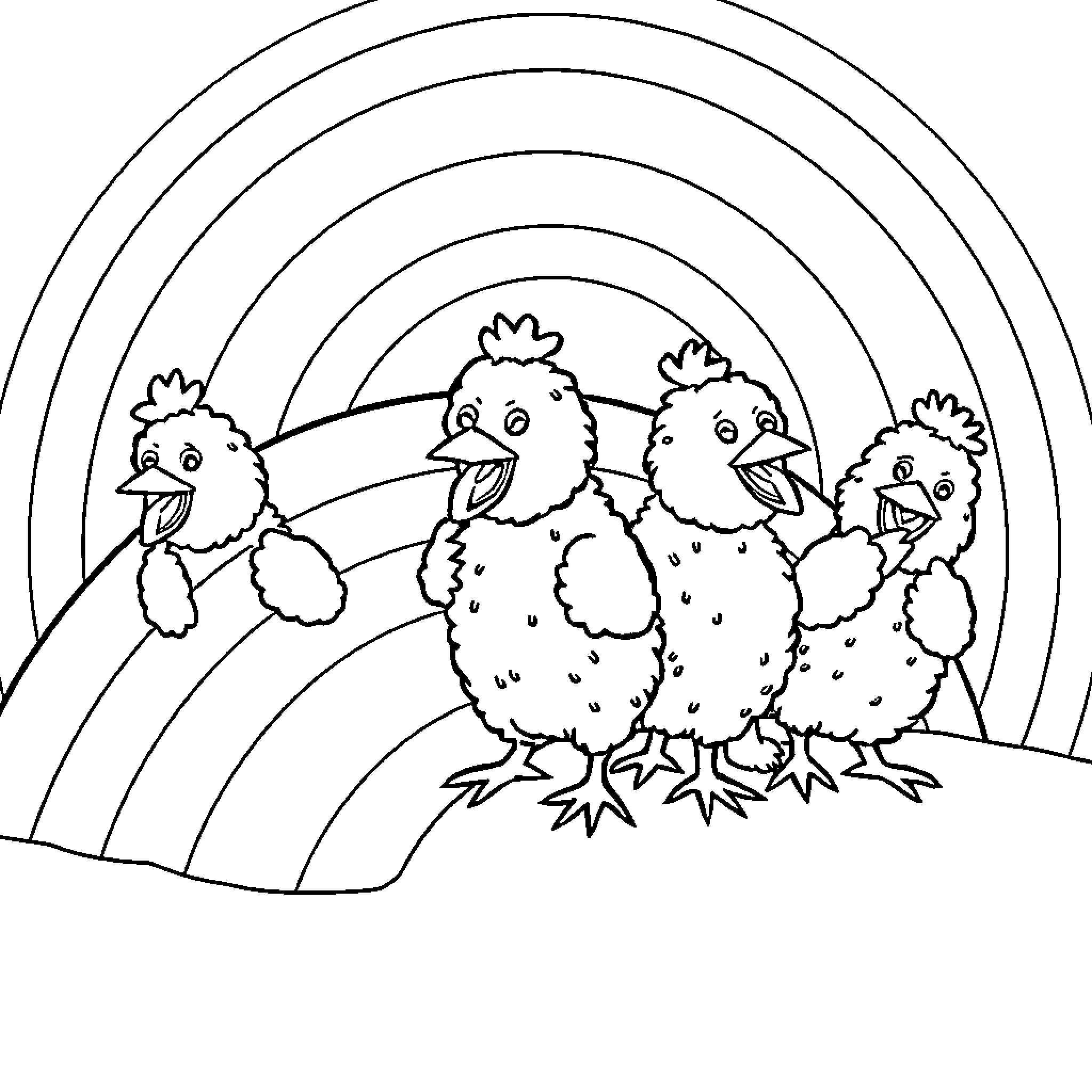 Chicken Nugget friends in rainbow meadow Coloring Page (free black-and-white line drawing printable PDF for all, from beginners to advanced learners, including children, teens, adults, and seniors)