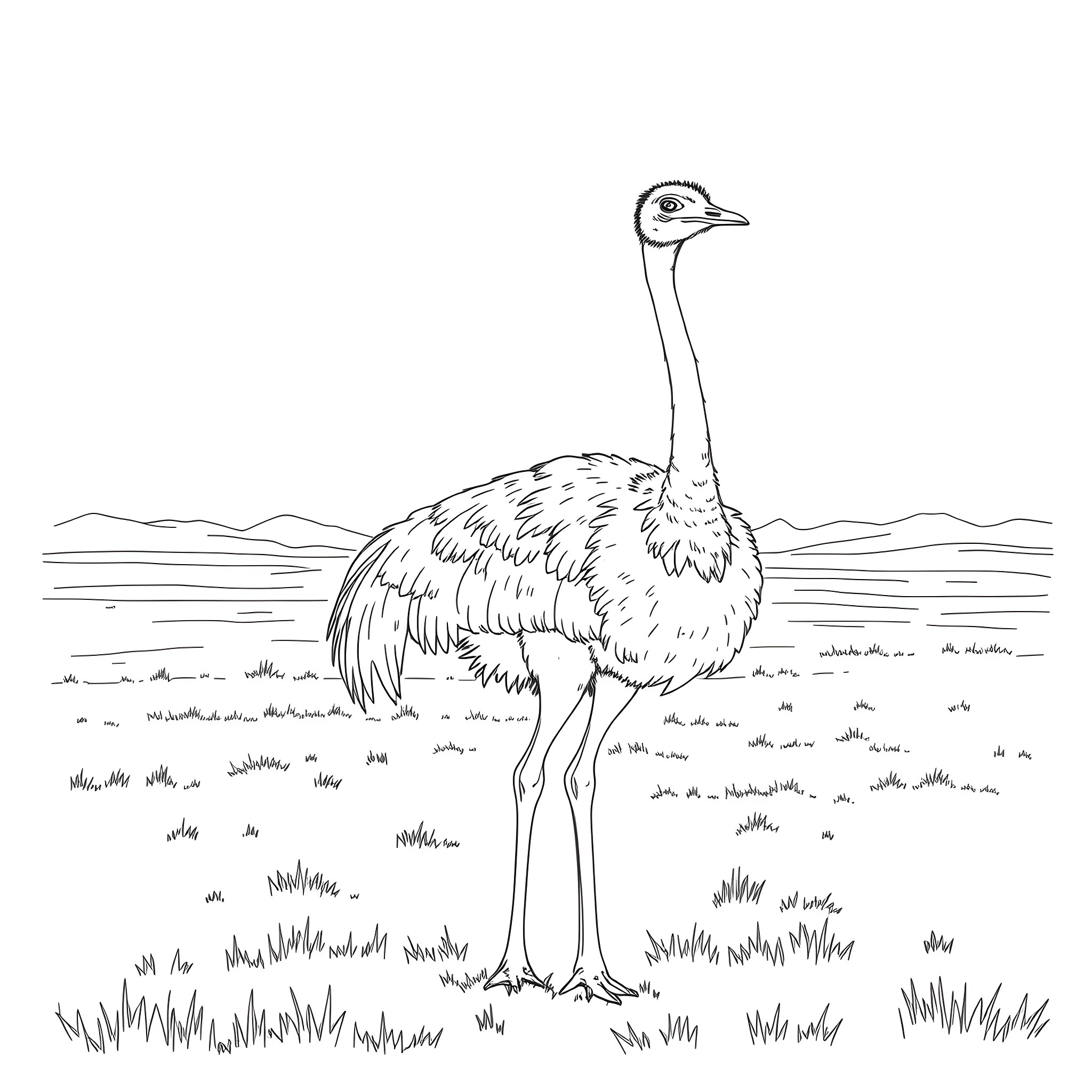 Ostrich standing in the grassy field Coloring Page (free black-and-white line drawing printable PDF for all, from beginners to advanced learners, including children, teens, adults, and seniors)