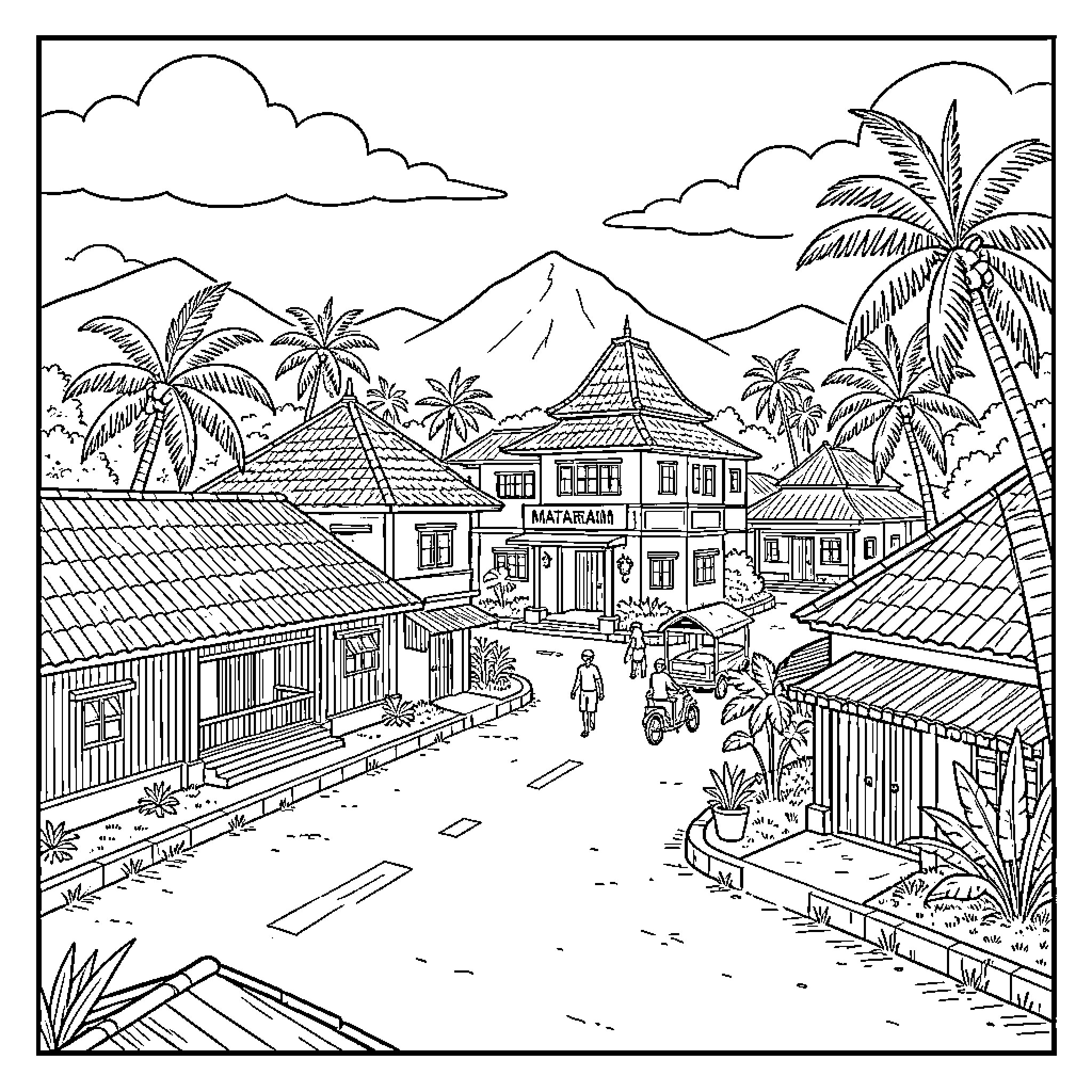 Mataram village scene with people walking and riding motorcycles Coloring Page (free black-and-white line drawing printable PDF for all, from beginners to advanced learners, including children, teens, adults, and seniors)