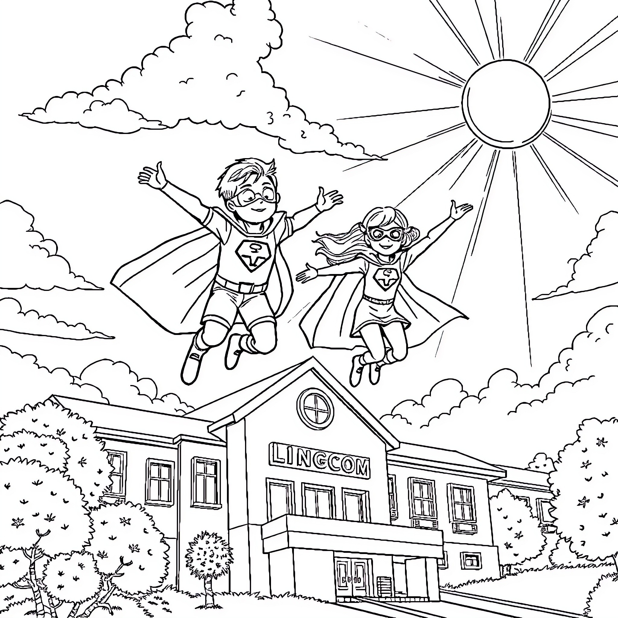 Superhero siblings soar above the city Coloring Page (free black-and-white line drawing printable PDF for all, from beginners to advanced learners, including children, teens, adults, and seniors)
