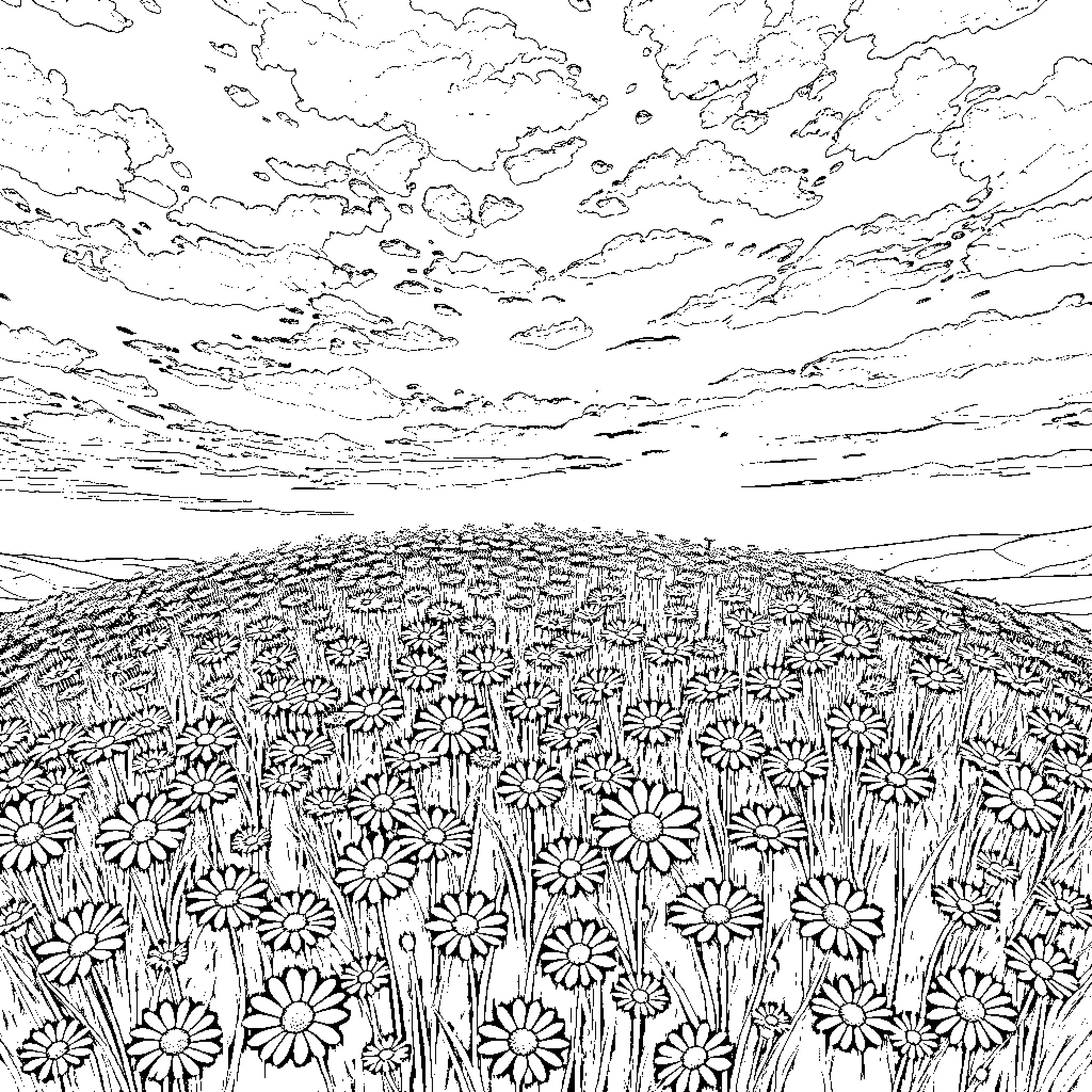 Hill of Flowering Meadow under Cloudy Sky Coloring Page (free black-and-white line drawing printable PDF for all, from beginners to advanced learners, including children, teens, adults, and seniors)