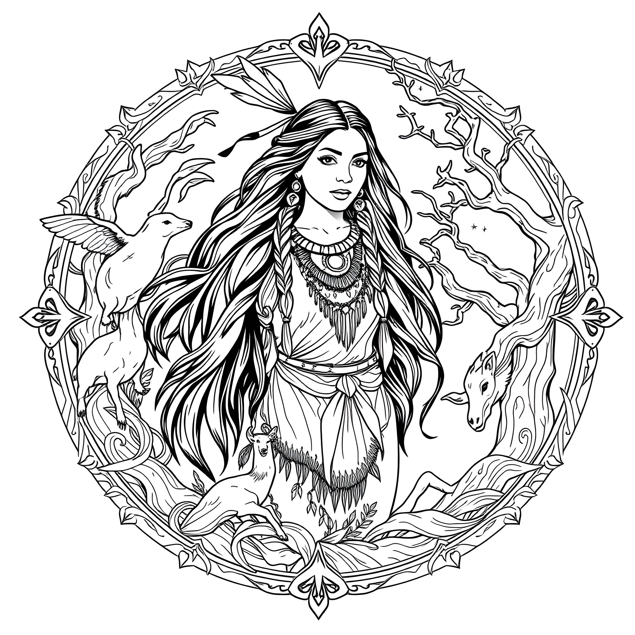 Pocahontas in a Decorative Natural Frame Coloring Page (free black-and-white line drawing printable PDF for all, from beginners to advanced learners, including children, teens, adults, and seniors)