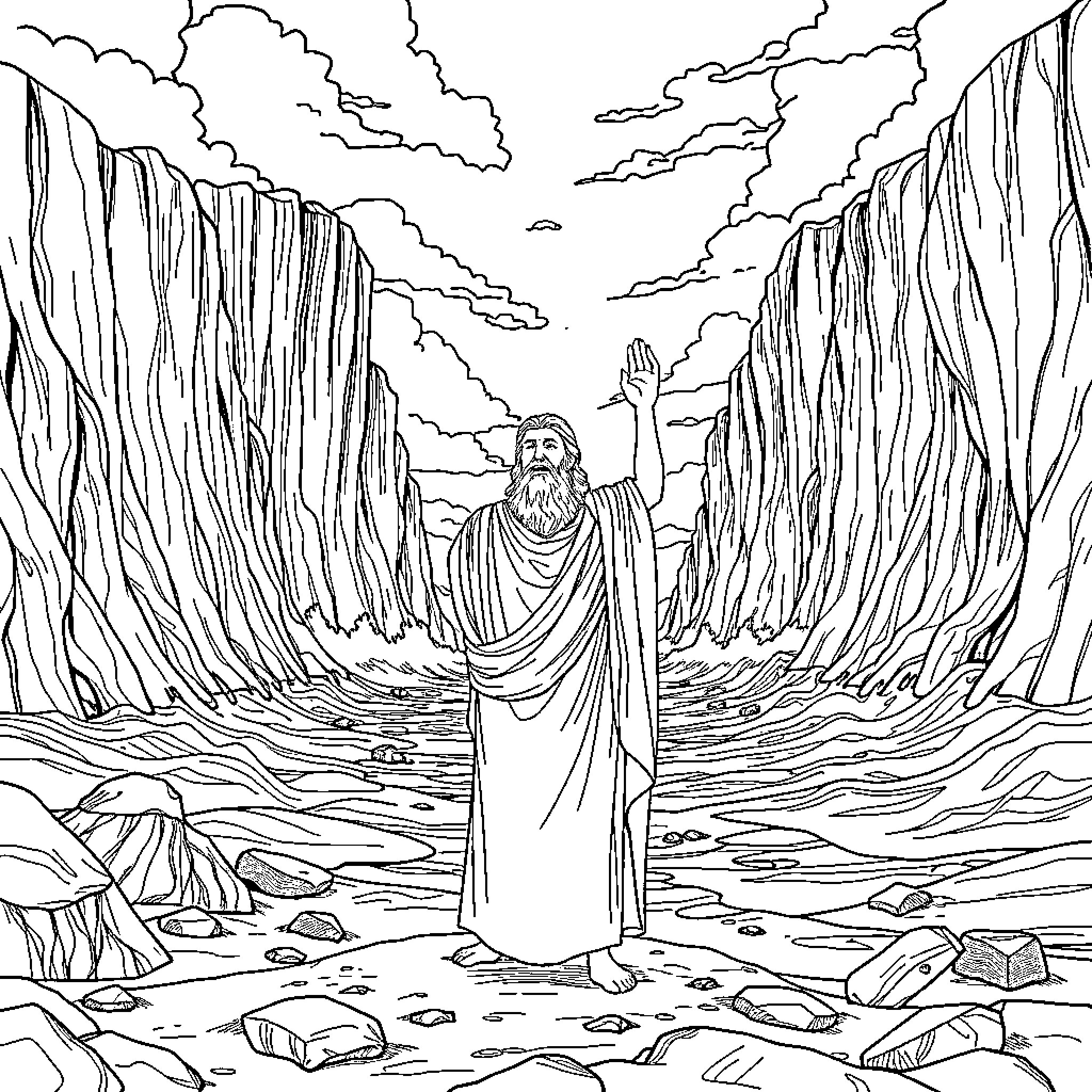 Moses parting the Red Sea with outstretched arms Coloring Page (free black-and-white line drawing printable PDF for all, from beginners to advanced learners, including children, teens, adults, and seniors)