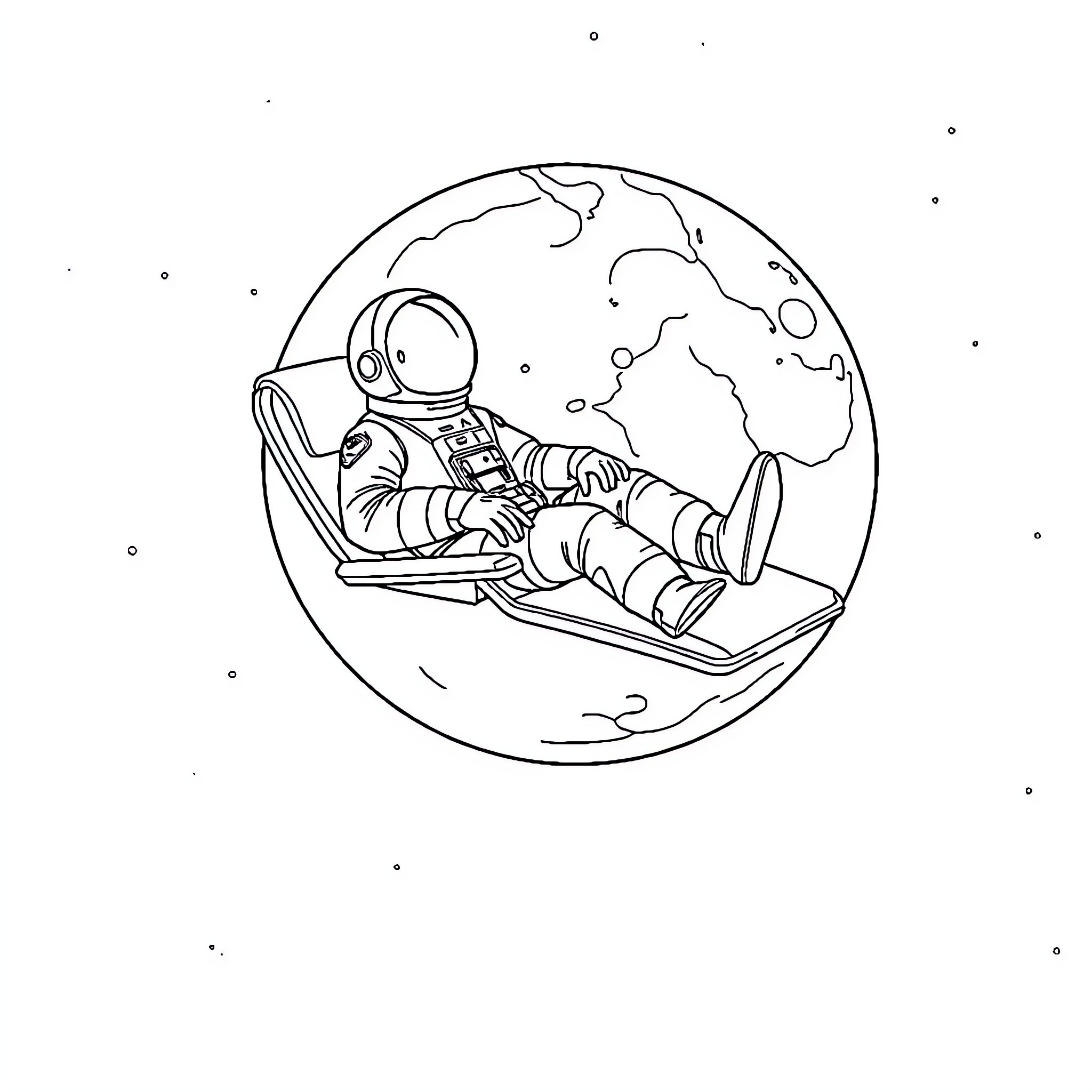 Astronaut floating peacefully in space Coloring Page (free black-and-white line drawing printable PDF for all, from beginners to advanced learners, including children, teens, adults, and seniors)
