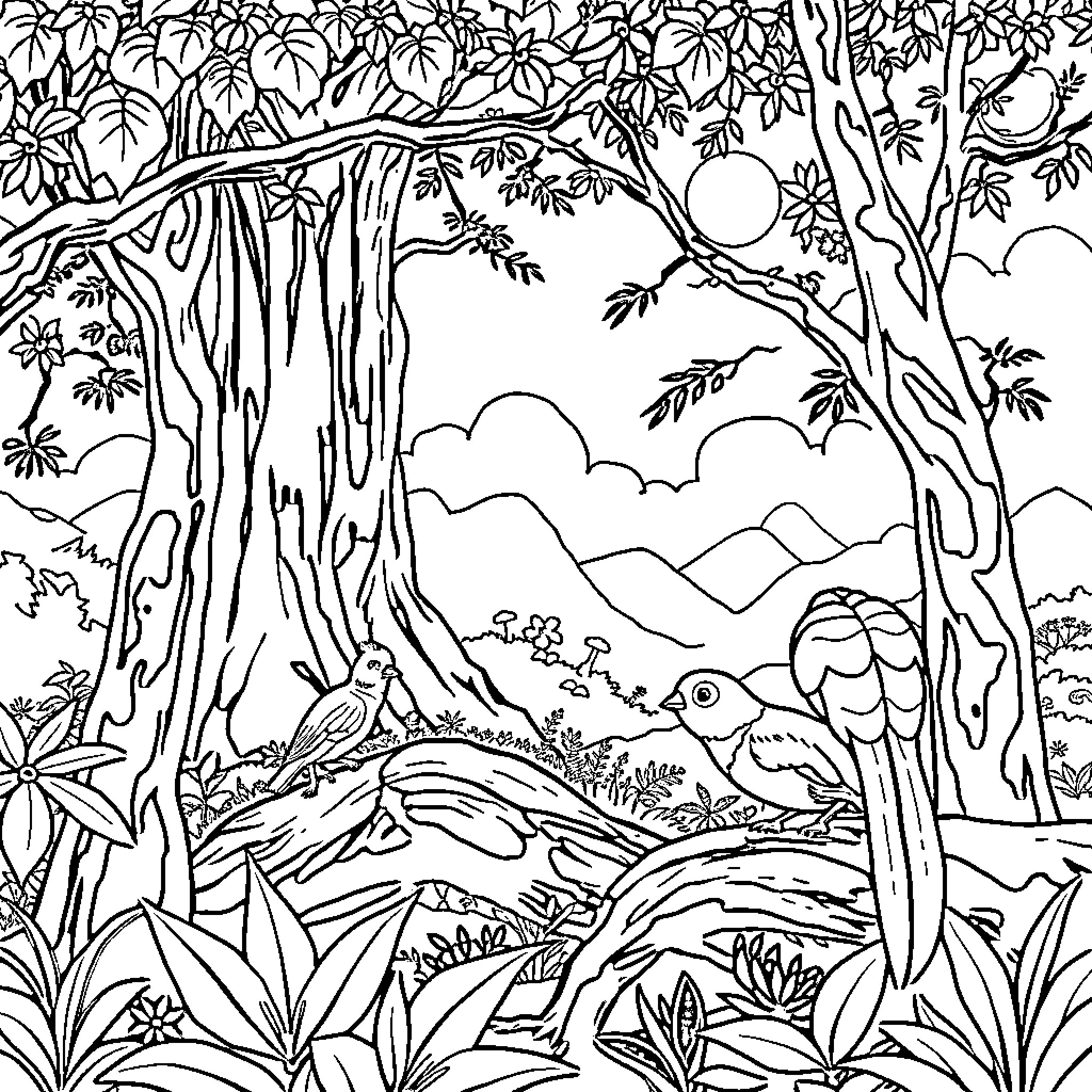 Bear in a Lush Jungle Landscape Coloring Page (free black-and-white line drawing printable PDF for all, from beginners to advanced learners, including children, teens, adults, and seniors)