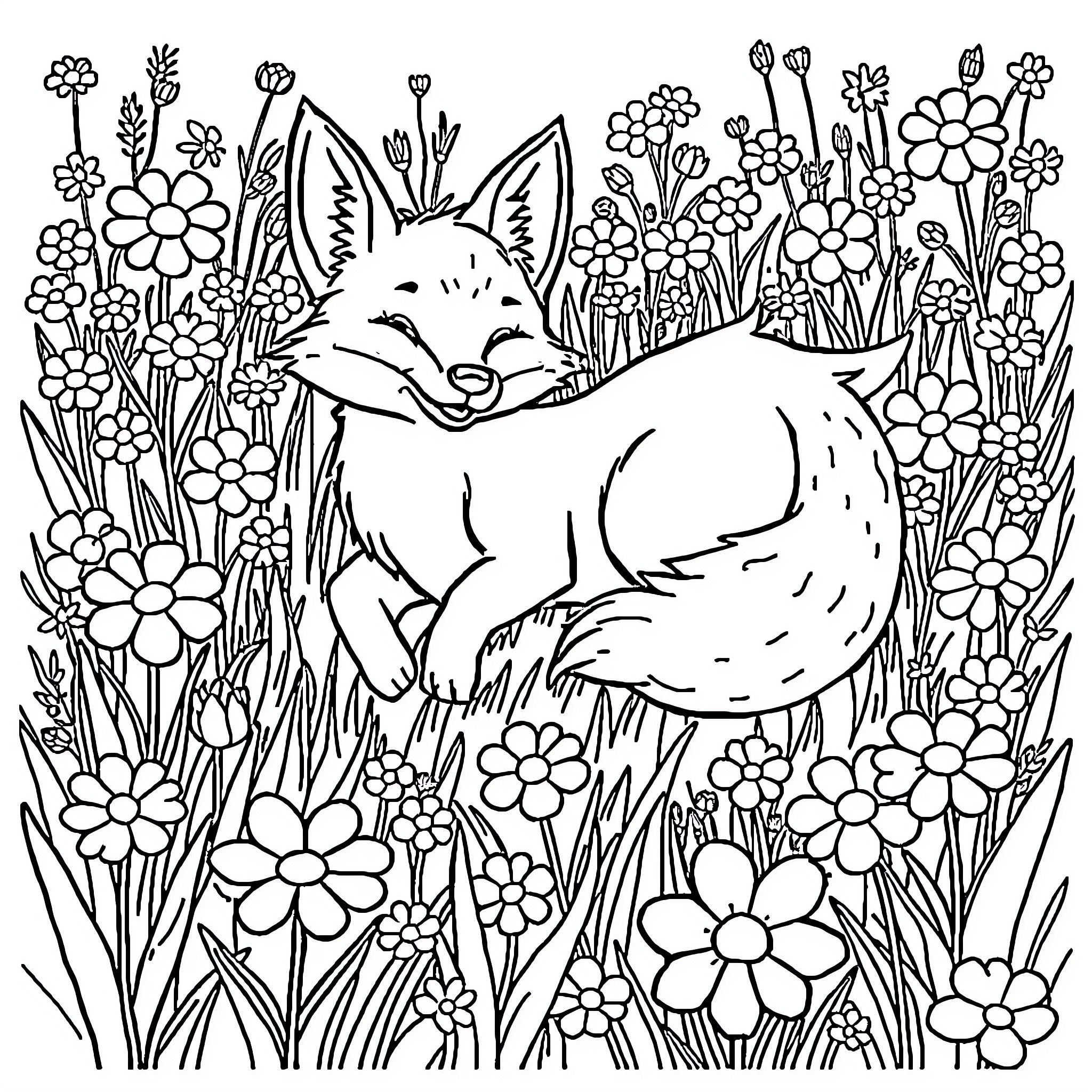 Fox sleeping peacefully in a floral meadow Coloring Page (free black-and-white line drawing printable PDF for all, from beginners to advanced learners, including children, teens, adults, and seniors)