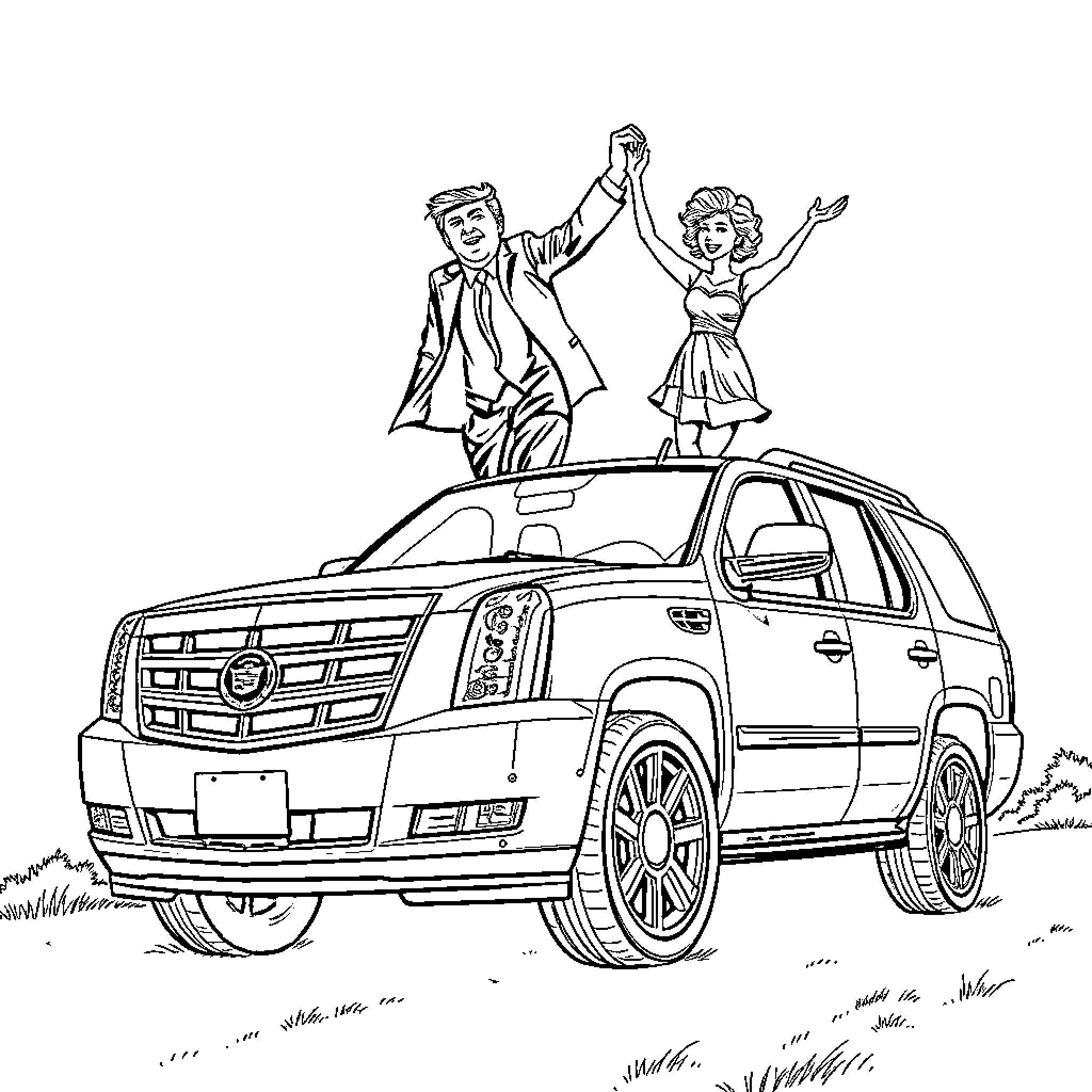 Donald Trump joyfully celebrating victory with woman on vehicle Coloring Page (free black-and-white line drawing printable PDF for all, from beginners to advanced learners, including children, teens, adults, and seniors)