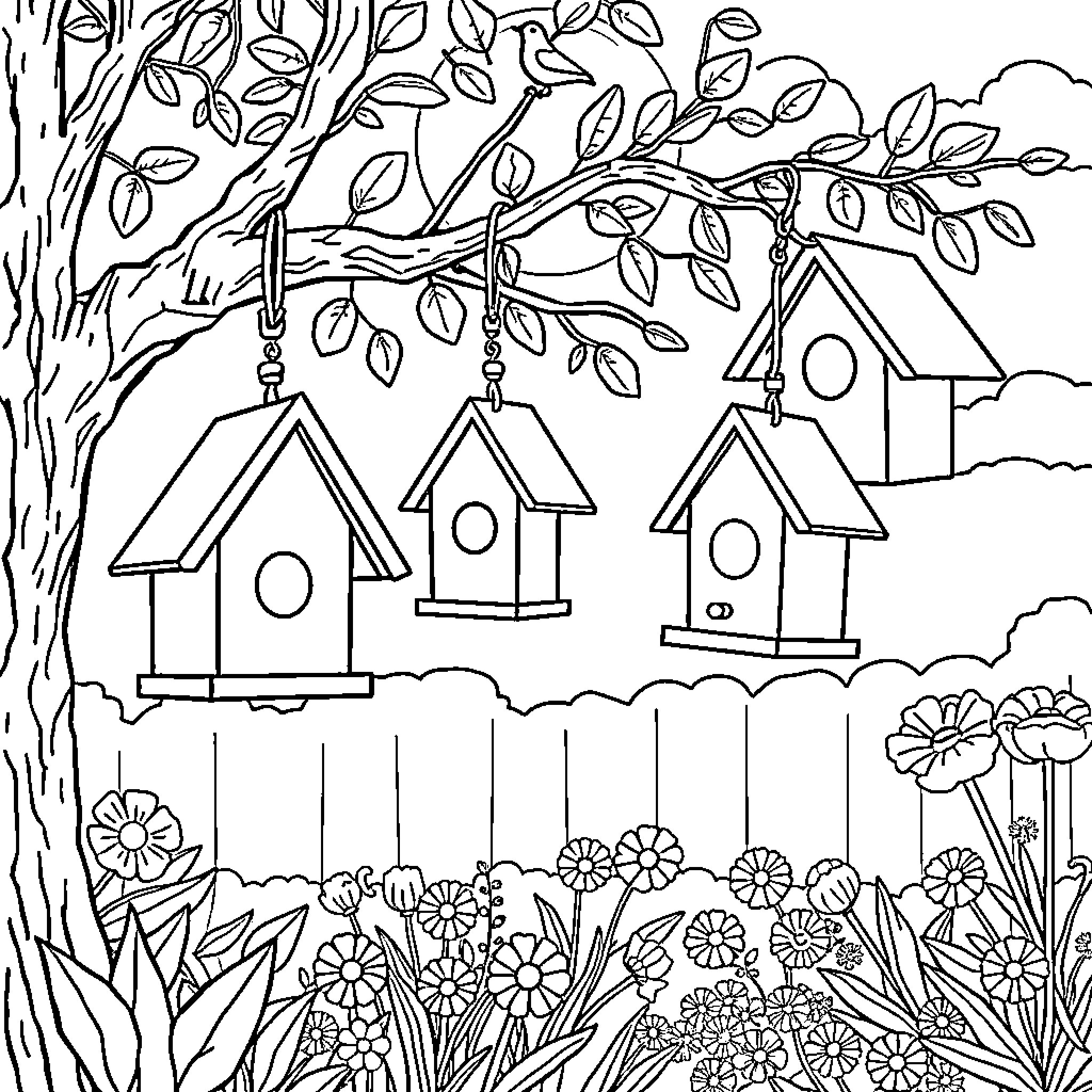 Birdhouse decorations in a garden scene Coloring Page (free black-and-white line drawing printable PDF for all, from beginners to advanced learners, including children, teens, adults, and seniors)