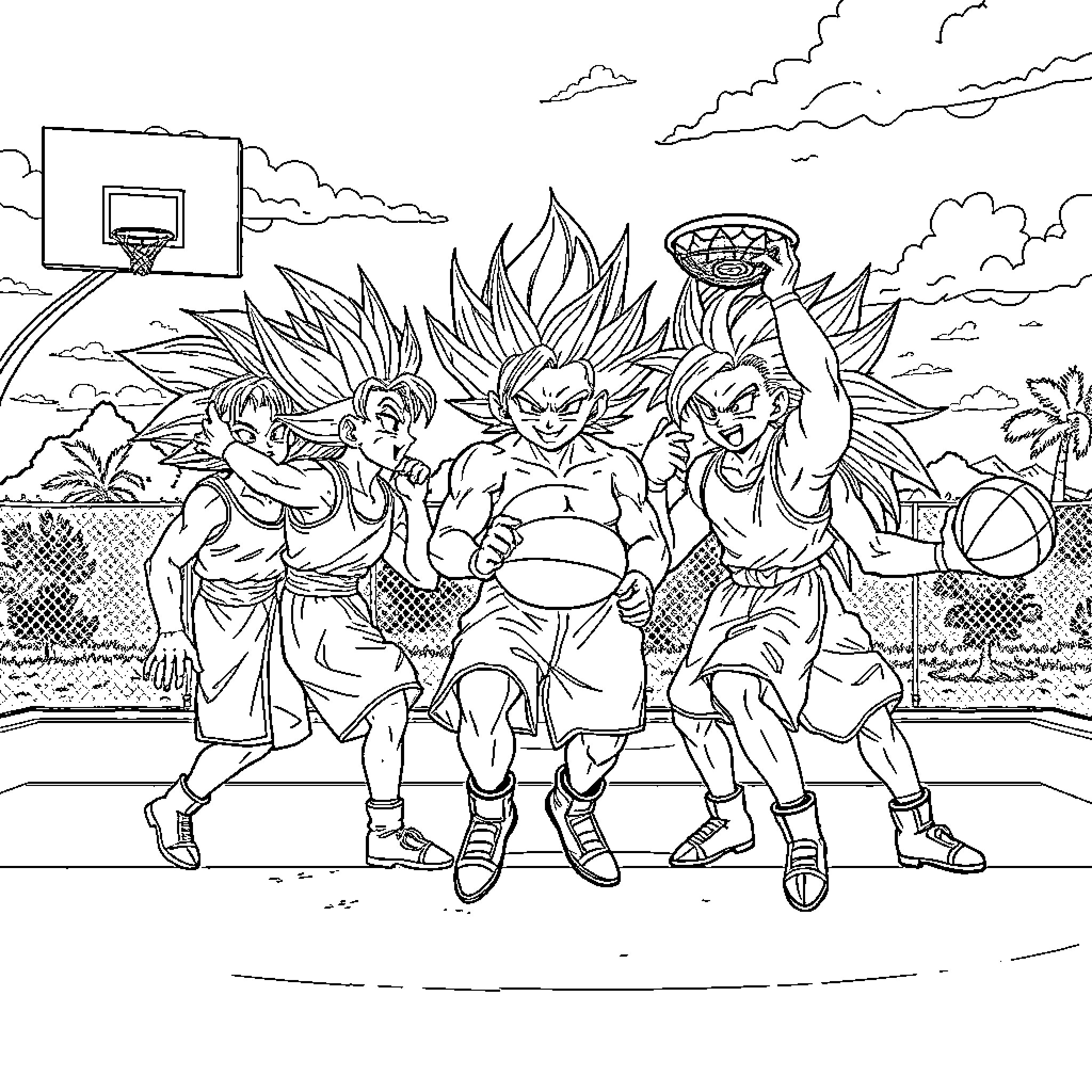 Super Saiyan Basketball Players in Epic Showdown Coloring Page (free black-and-white line drawing printable PDF for all, from beginners to advanced learners, including children, teens, adults, and seniors)