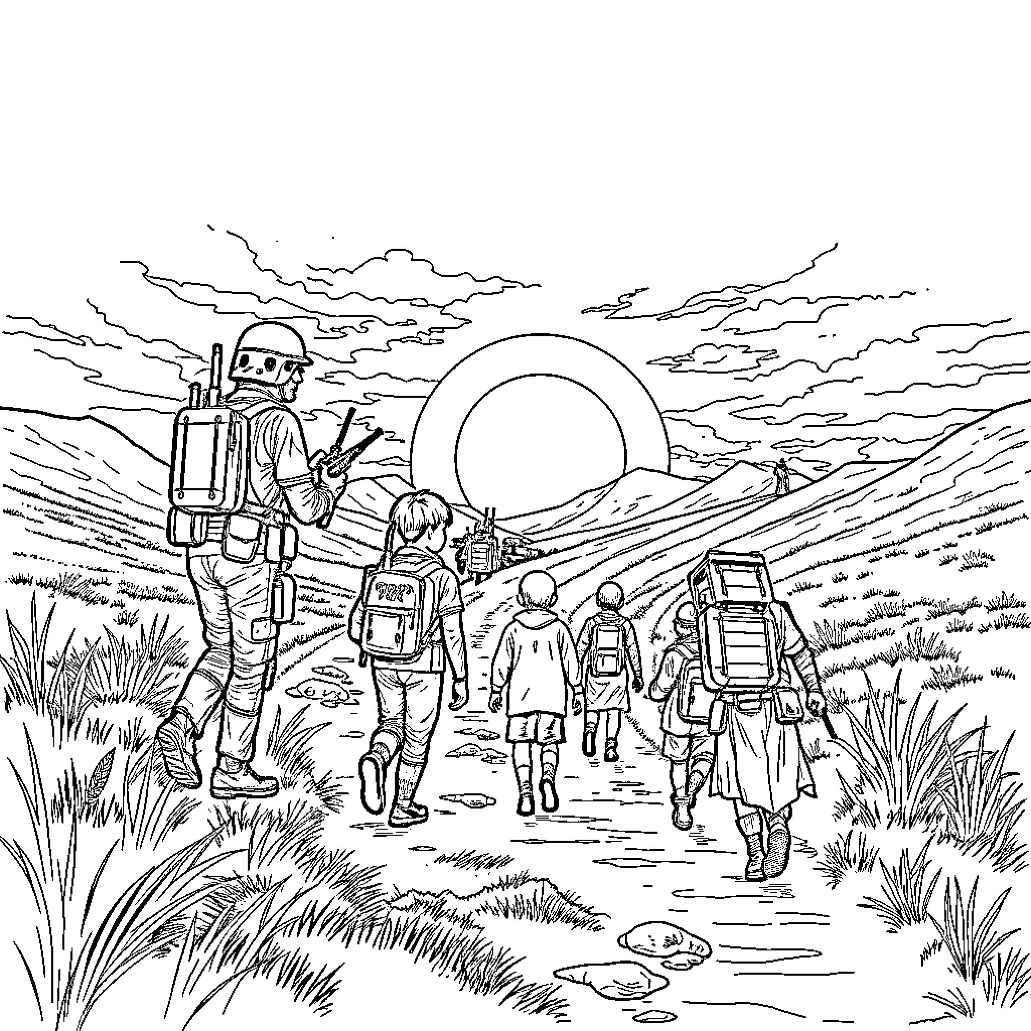 Stephen King's Cosmic Exploration Adventure Coloring Page (free black-and-white line drawing printable PDF for all, from beginners to advanced learners, including children, teens, adults, and seniors)