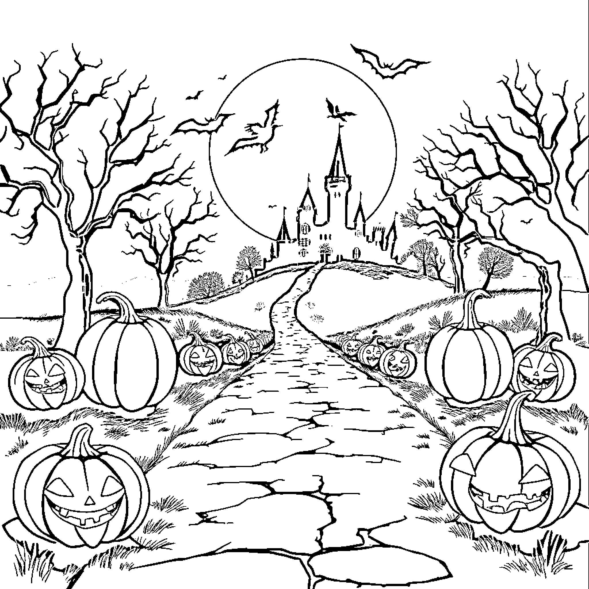Halloween at the Haunted Castle Coloring Page (free black-and-white line drawing printable PDF for all, from beginners to advanced learners, including children, teens, adults, and seniors)
