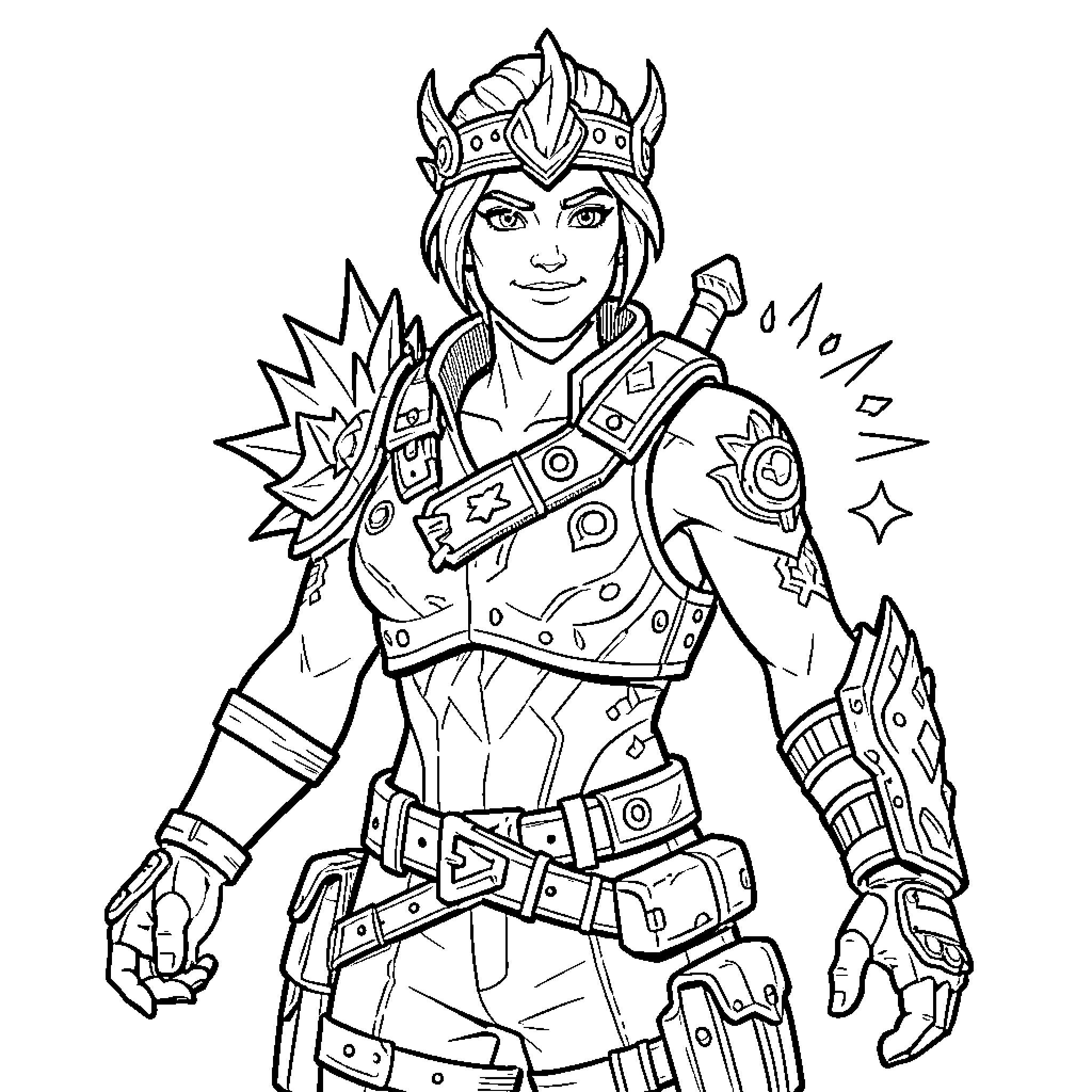Fortnite Skin character wearing warrior armor and crown Coloring Page (free black-and-white line drawing printable PDF for all, from beginners to advanced learners, including children, teens, adults, and seniors)