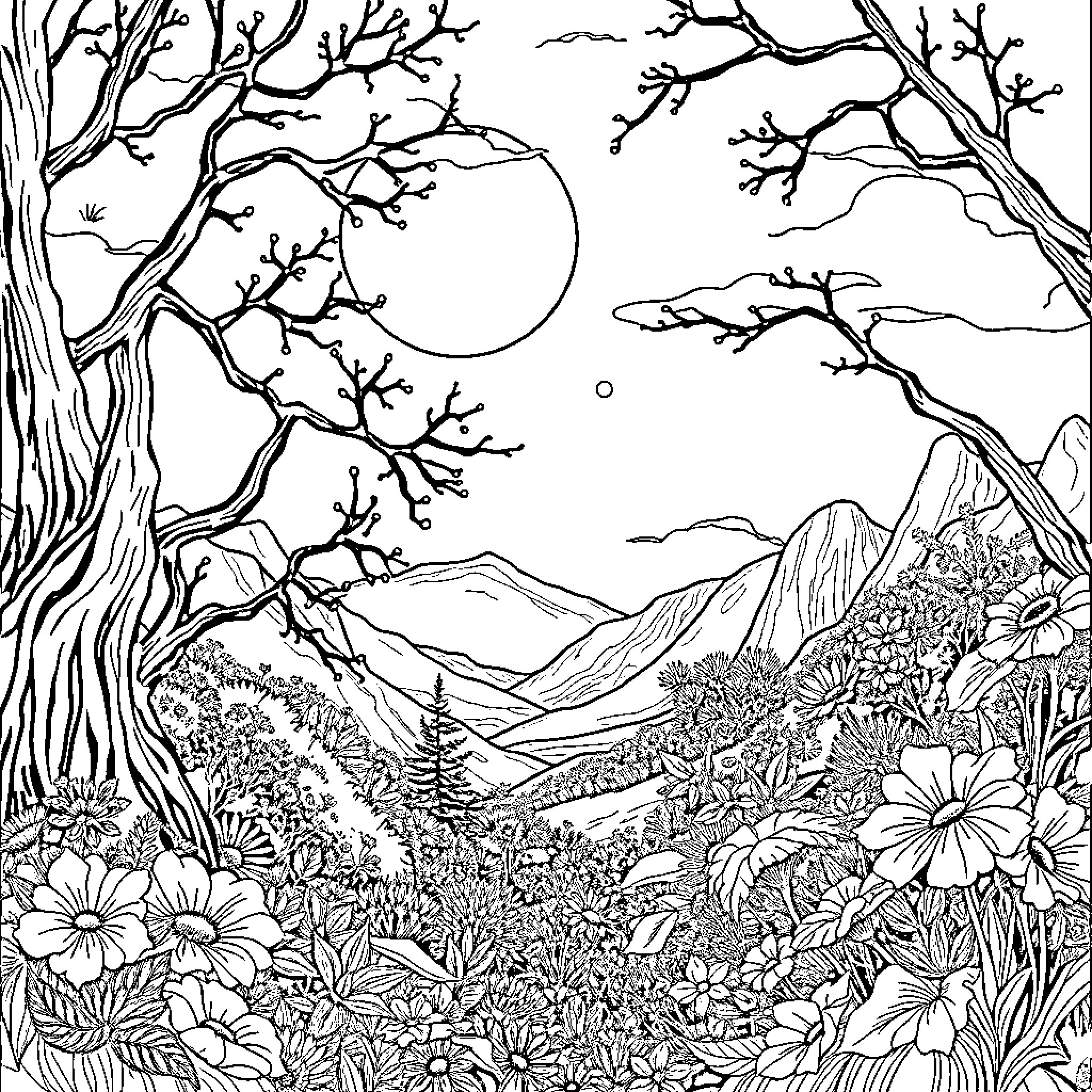Santa Claus in a whimsical winter landscape Coloring Page (free black-and-white line drawing printable PDF for all, from beginners to advanced learners, including children, teens, adults, and seniors)