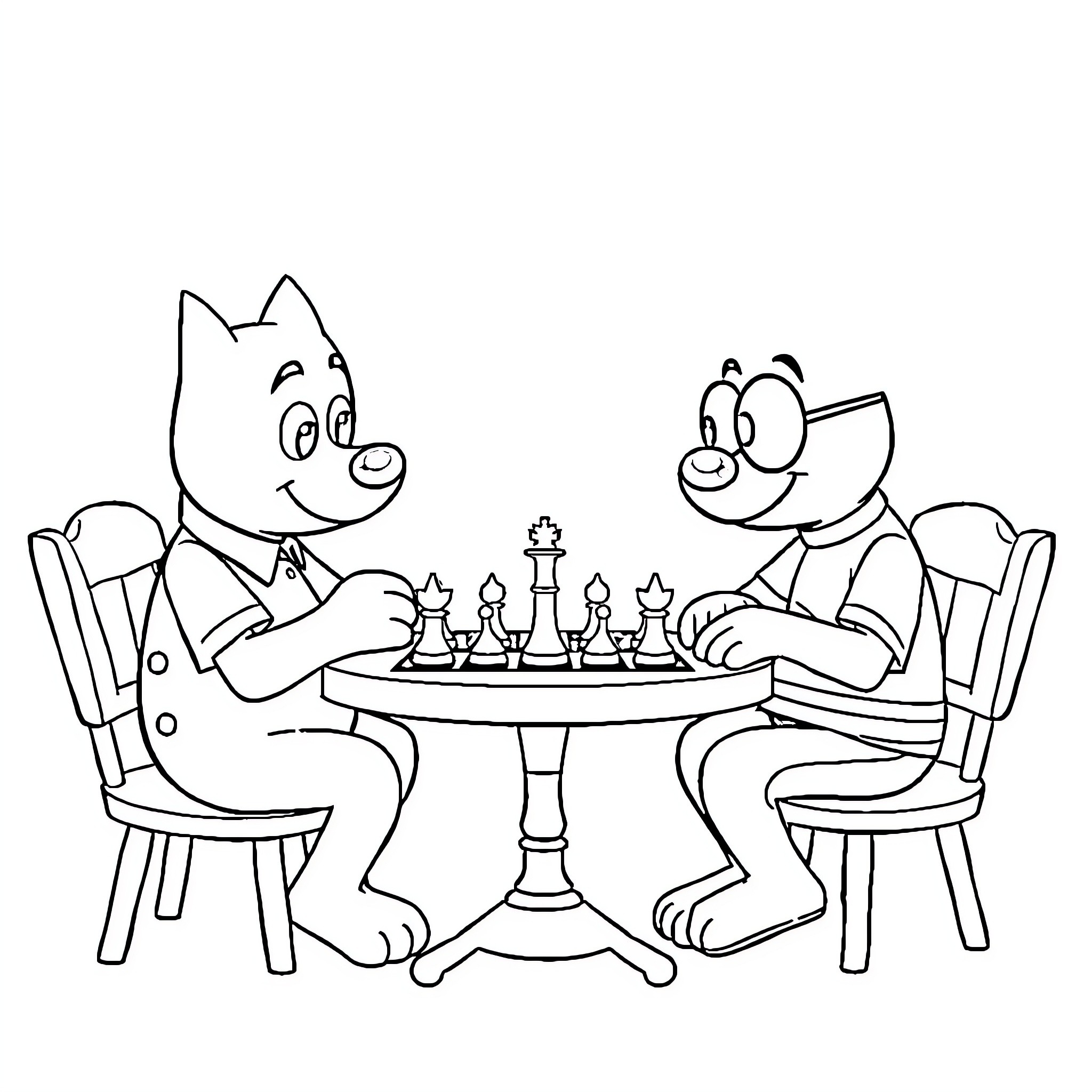 Bluey and friends playing chess Coloring Page (free black-and-white line drawing printable PDF for all, from beginners to advanced learners, including children, teens, adults, and seniors)
