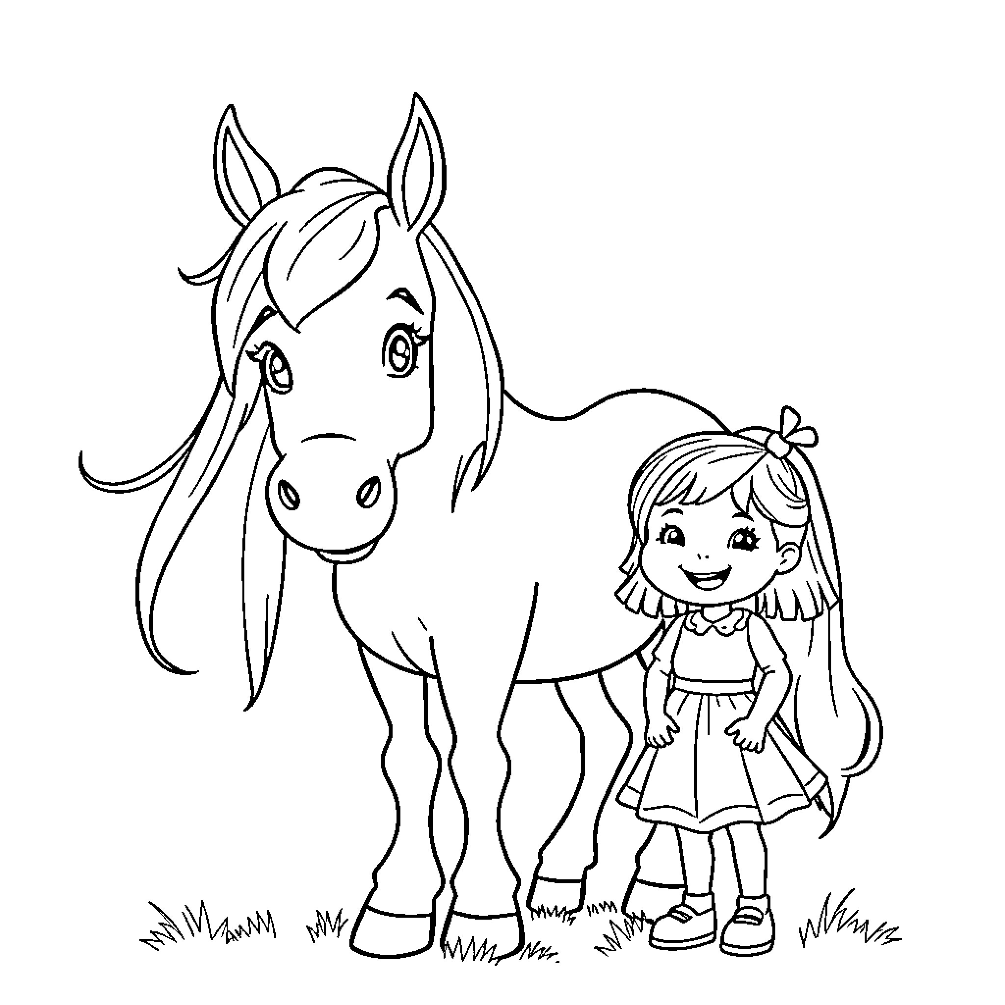 Pony and girl playing together in the field Coloring Page (free black-and-white line drawing printable PDF for all, from beginners to advanced learners, including children, teens, adults, and seniors)