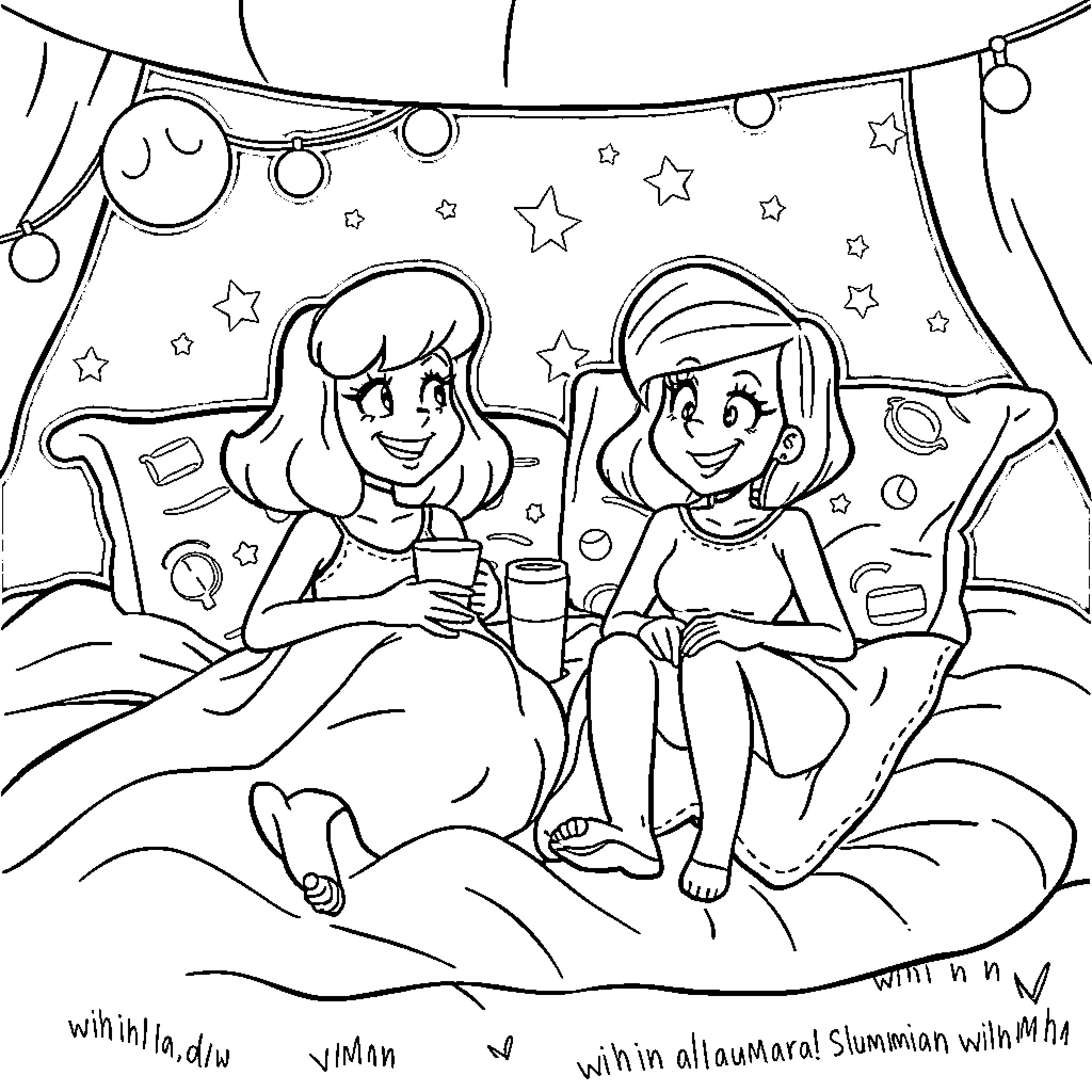 Daphne and Velma's Starry Sleepover Coloring Page (free black-and-white line drawing printable PDF for all, from beginners to advanced learners, including children, teens, adults, and seniors)