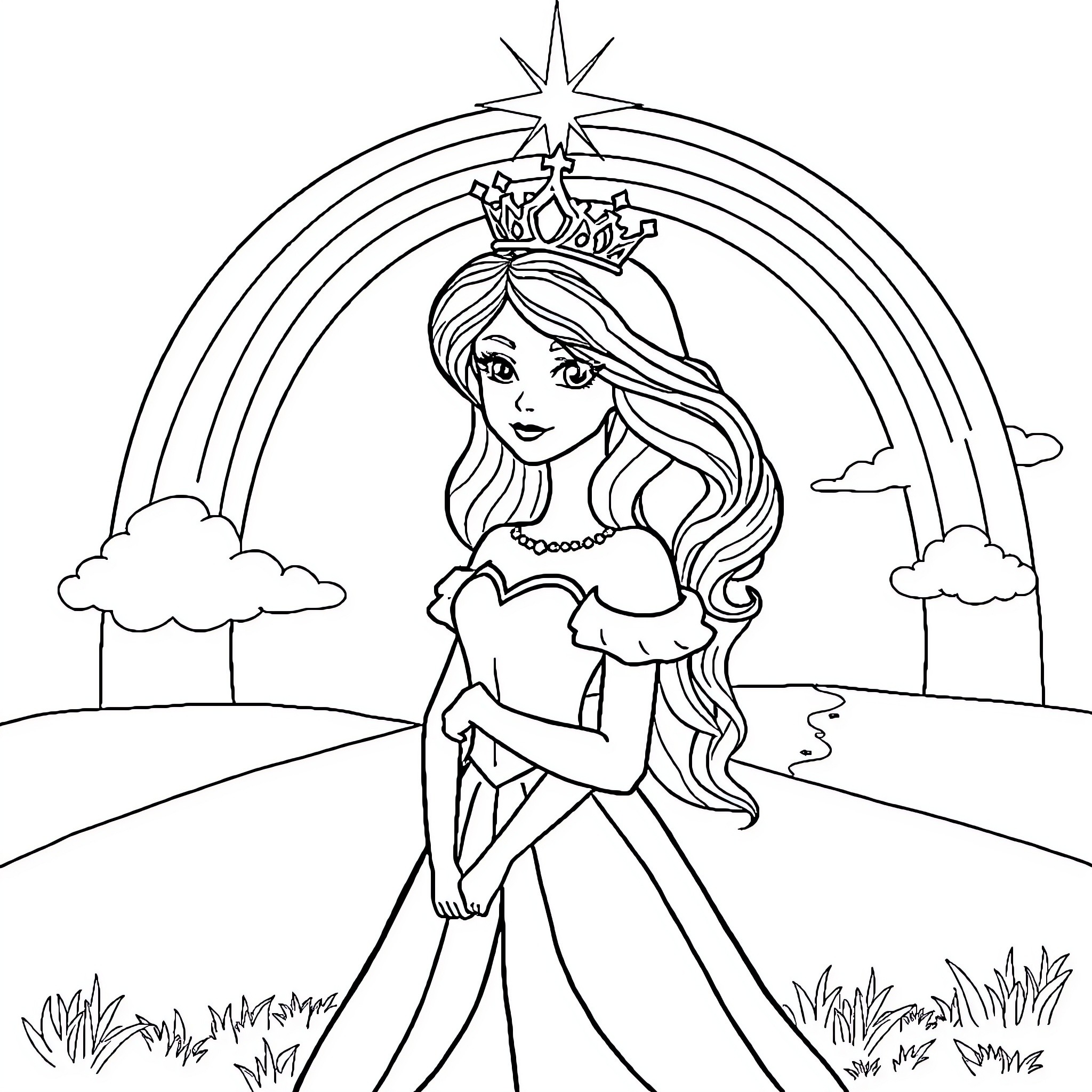 Princess posing gracefully in a magical setting Coloring Page (free black-and-white line drawing printable PDF for all, from beginners to advanced learners, including children, teens, adults, and seniors)