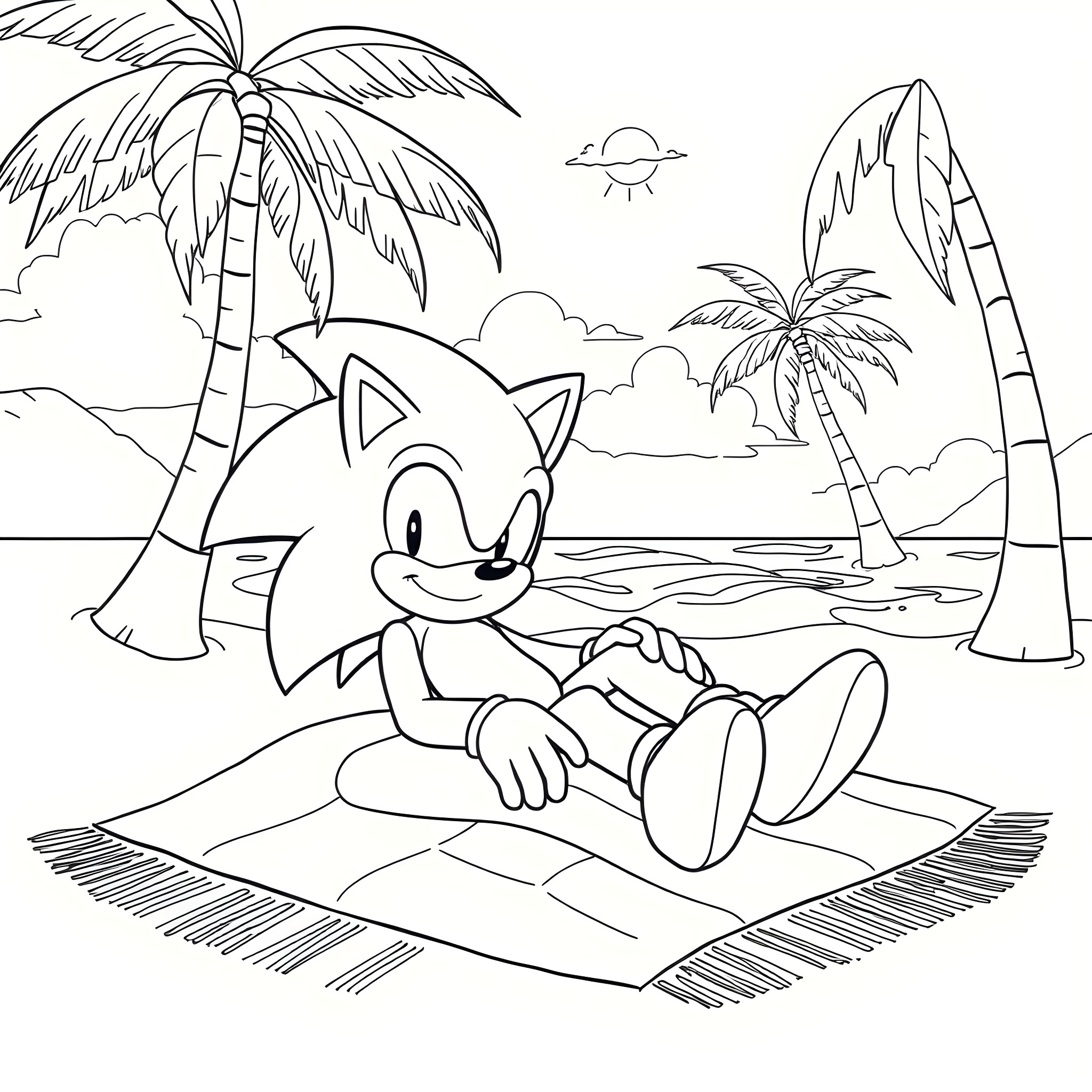 Sonic relaxing on a tropical beach Coloring Page (free black-and-white line drawing printable PDF for all, from beginners to advanced learners, including children, teens, adults, and seniors)