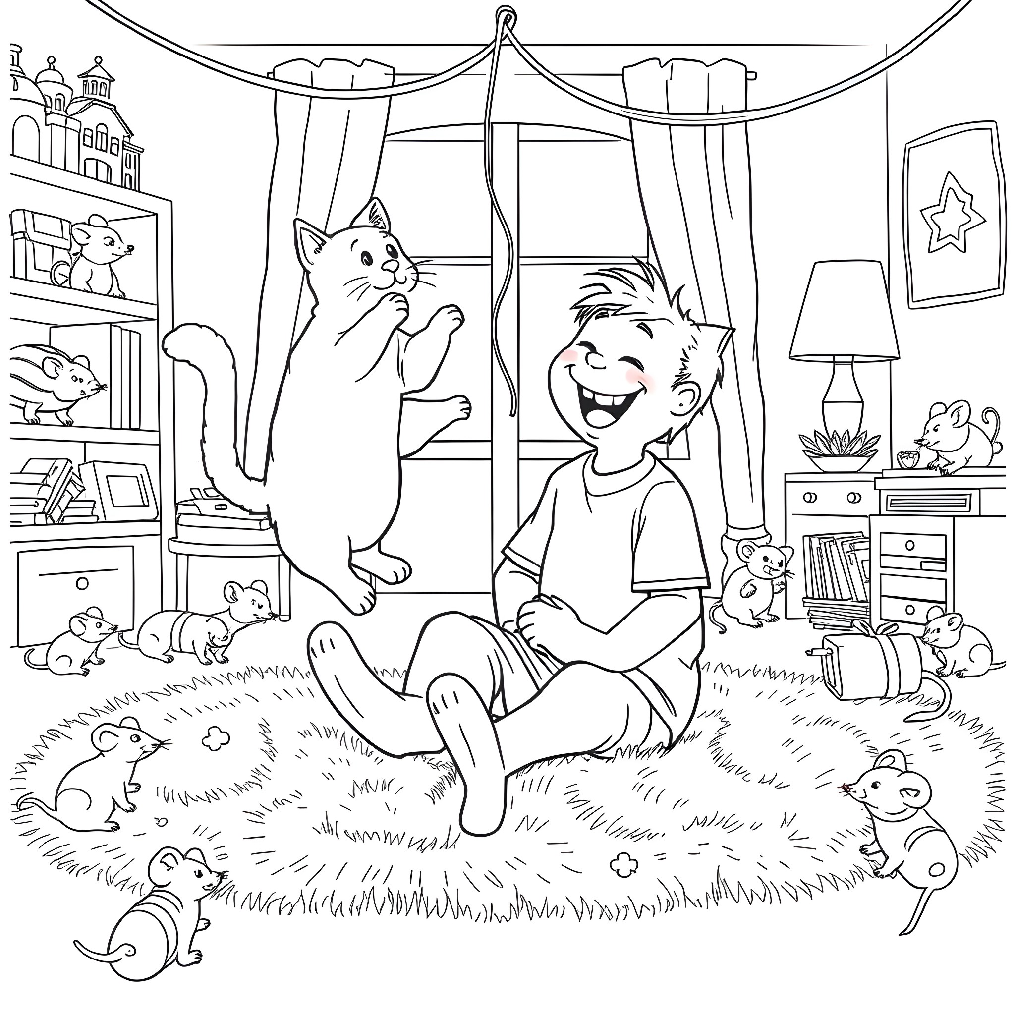 Cat and child playing joyfully in a cozy room Coloring Page (free black-and-white line drawing printable PDF for all, from beginners to advanced learners, including children, teens, adults, and seniors)
