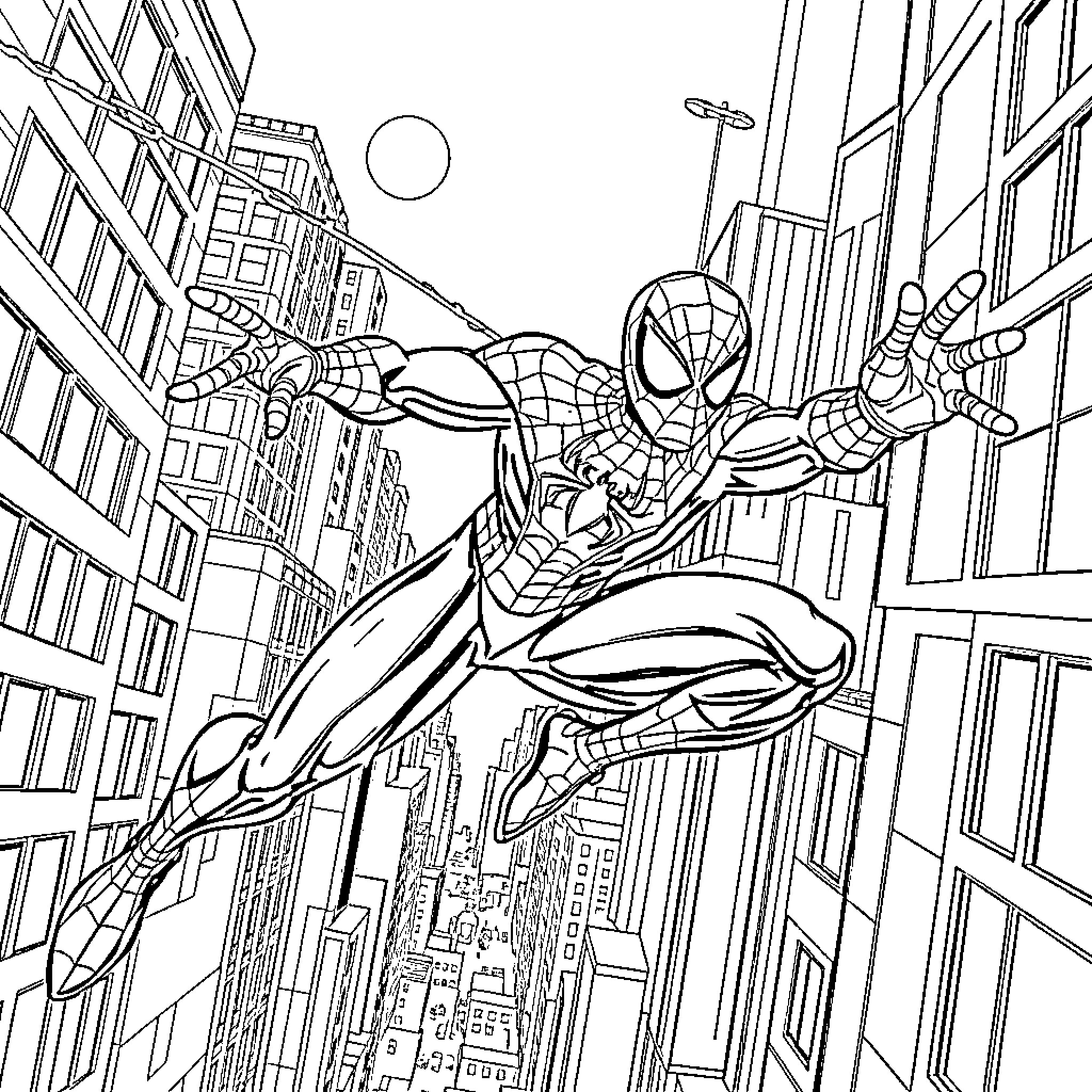 Spiderman swinging through the city skyline Coloring Page (free black-and-white line drawing printable PDF for all, from beginners to advanced learners, including children, teens, adults, and seniors)