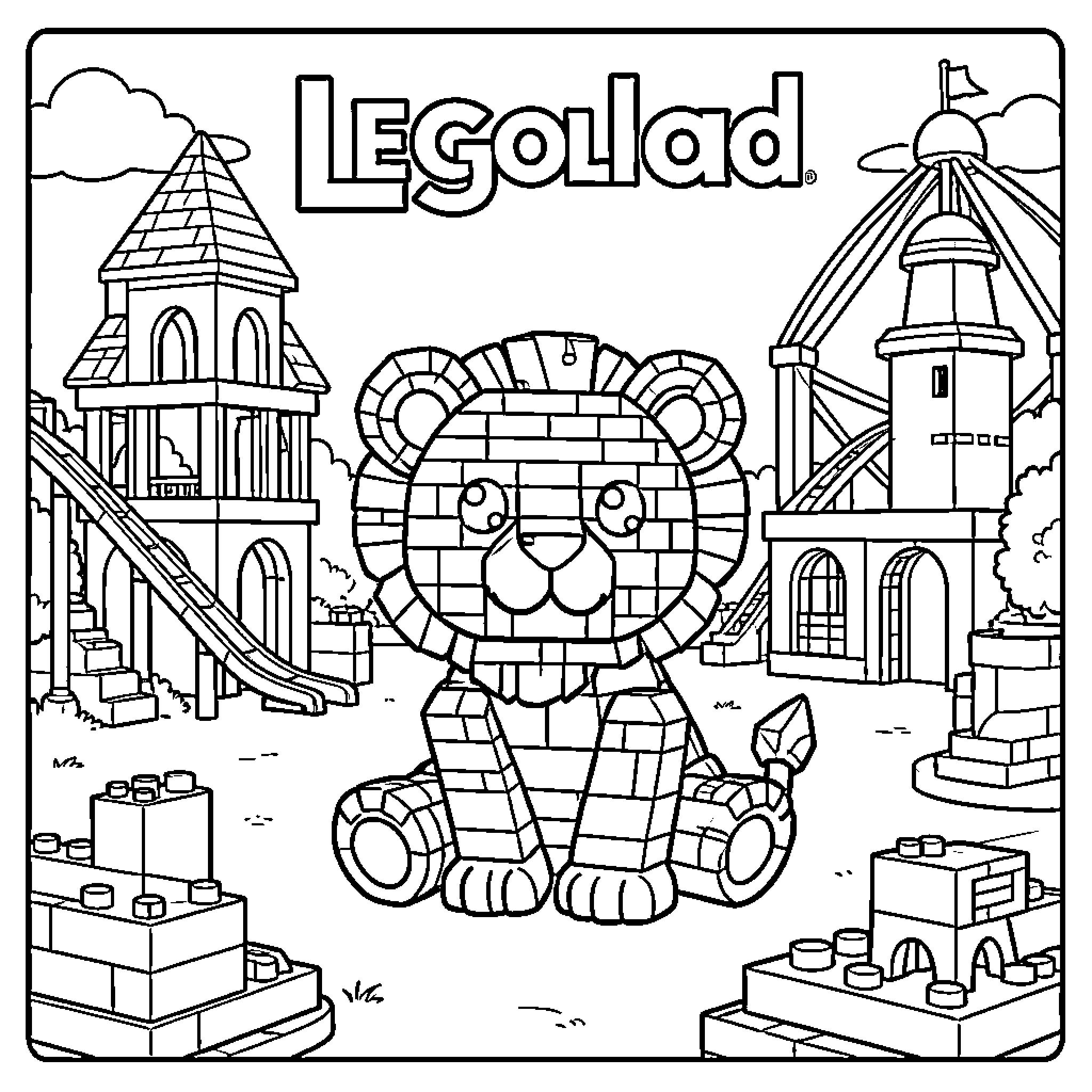 Lion sitting amidst toy building blocks and structures Coloring Page (free black-and-white line drawing printable PDF for all, from beginners to advanced learners, including children, teens, adults, and seniors)