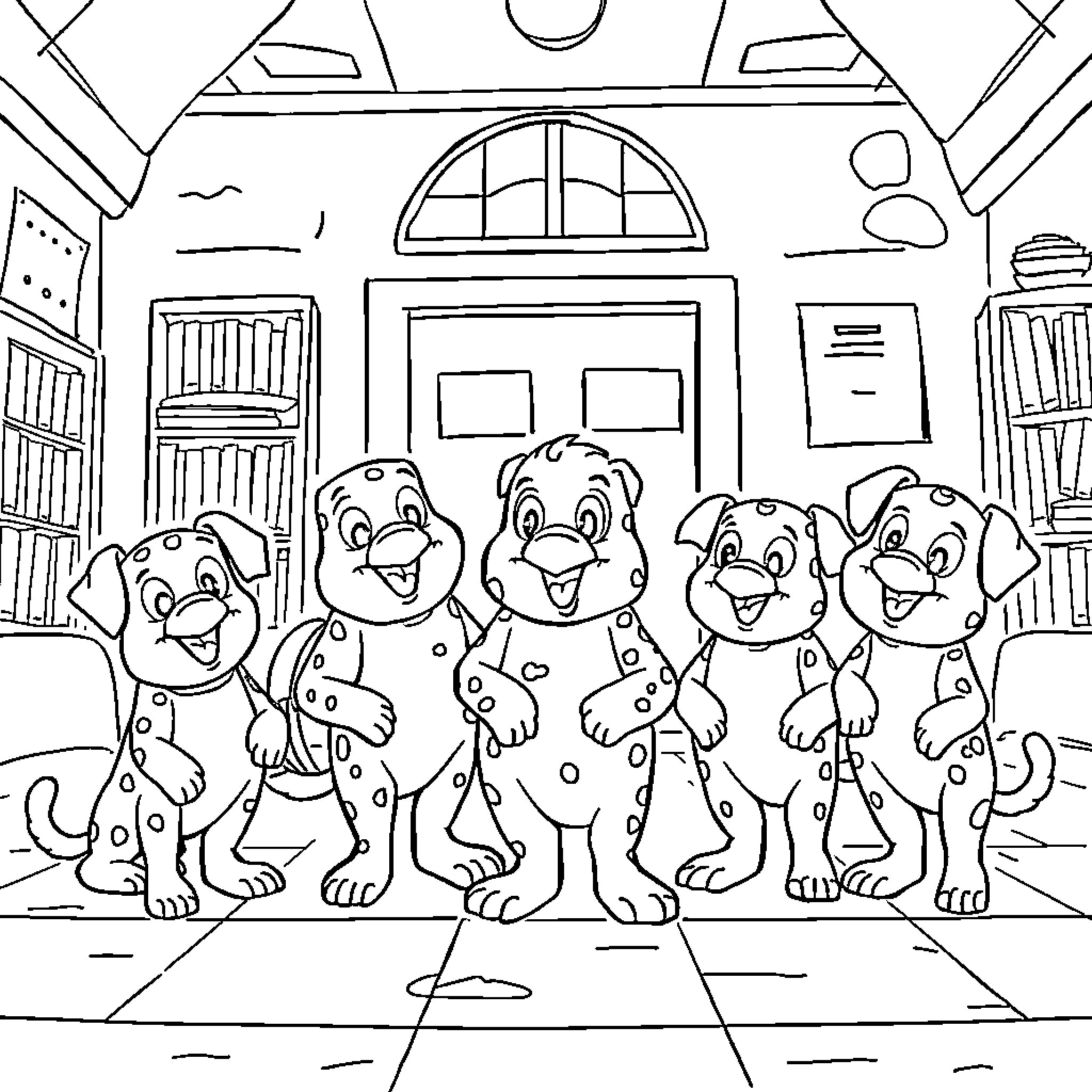 Los Picapiedra characters in a whimsical scene Coloring Page (free black-and-white line drawing printable PDF for all, from beginners to advanced learners, including children, teens, adults, and seniors)