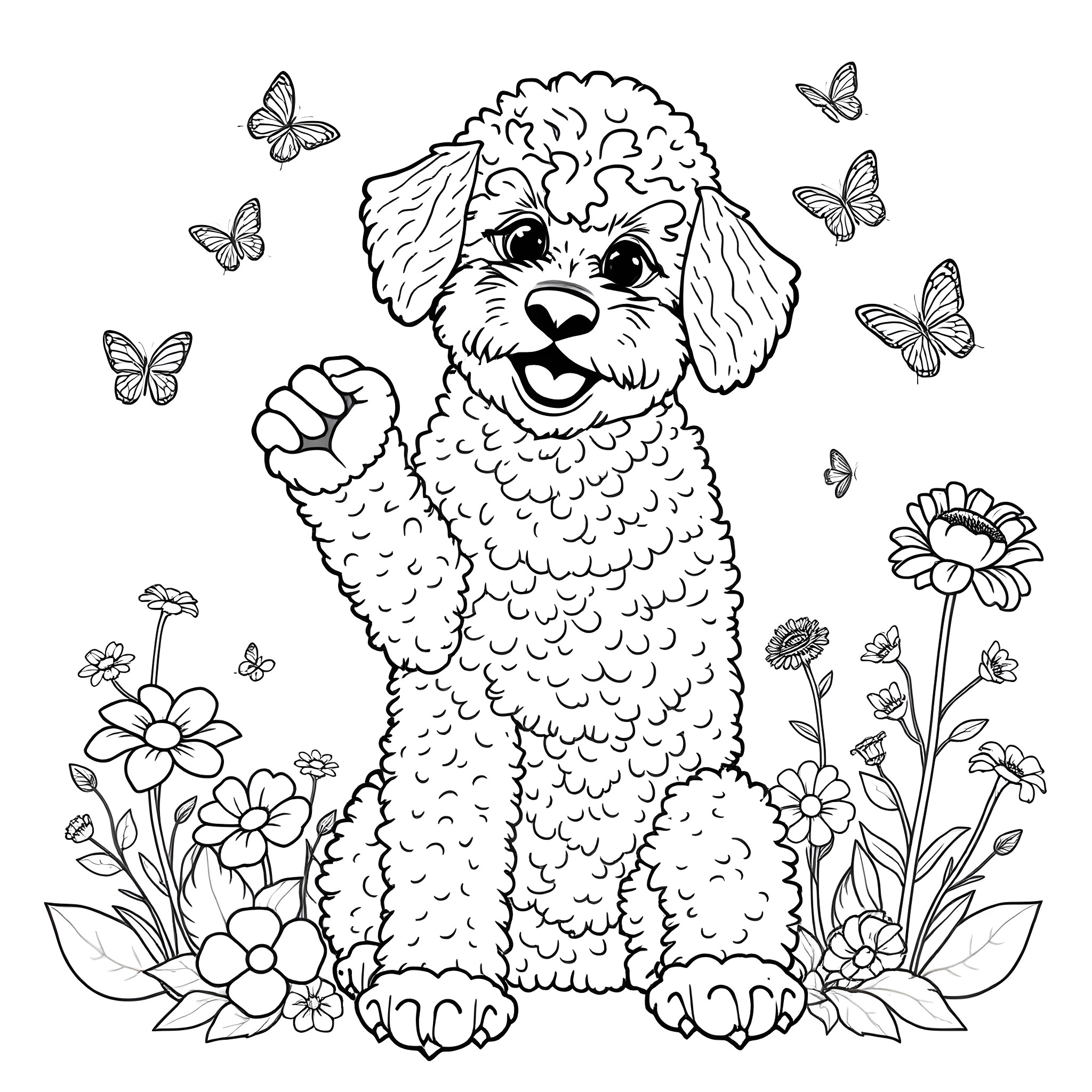 Lagotto Romagnola pup playing with butterflies in flowers Coloring Page (free black-and-white line drawing printable PDF for all, from beginners to advanced learners, including children, teens, adults, and seniors)