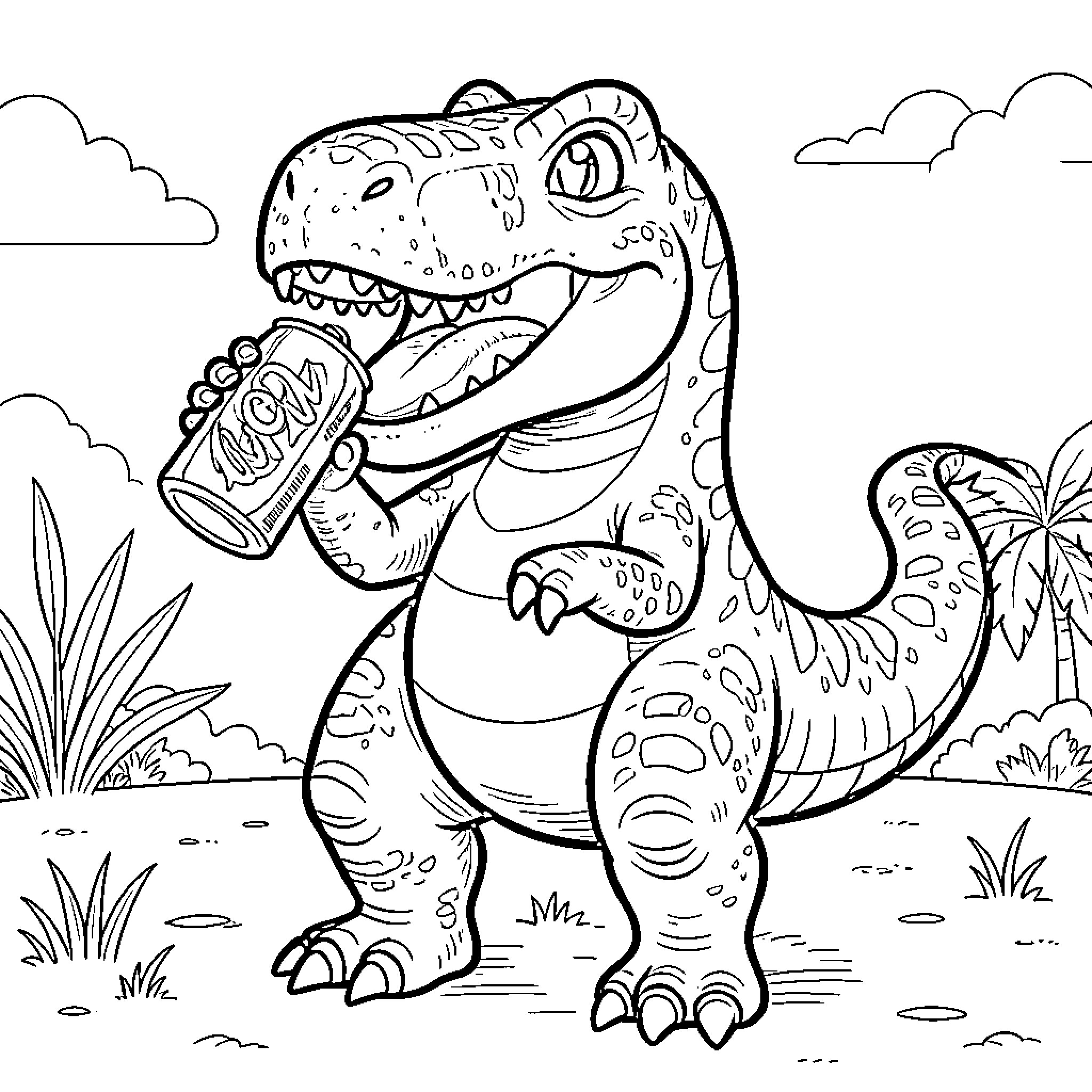 Dinosaur enjoying soda in the jungle Coloring Page (free black-and-white line drawing printable PDF for all, from beginners to advanced learners, including children, teens, adults, and seniors)