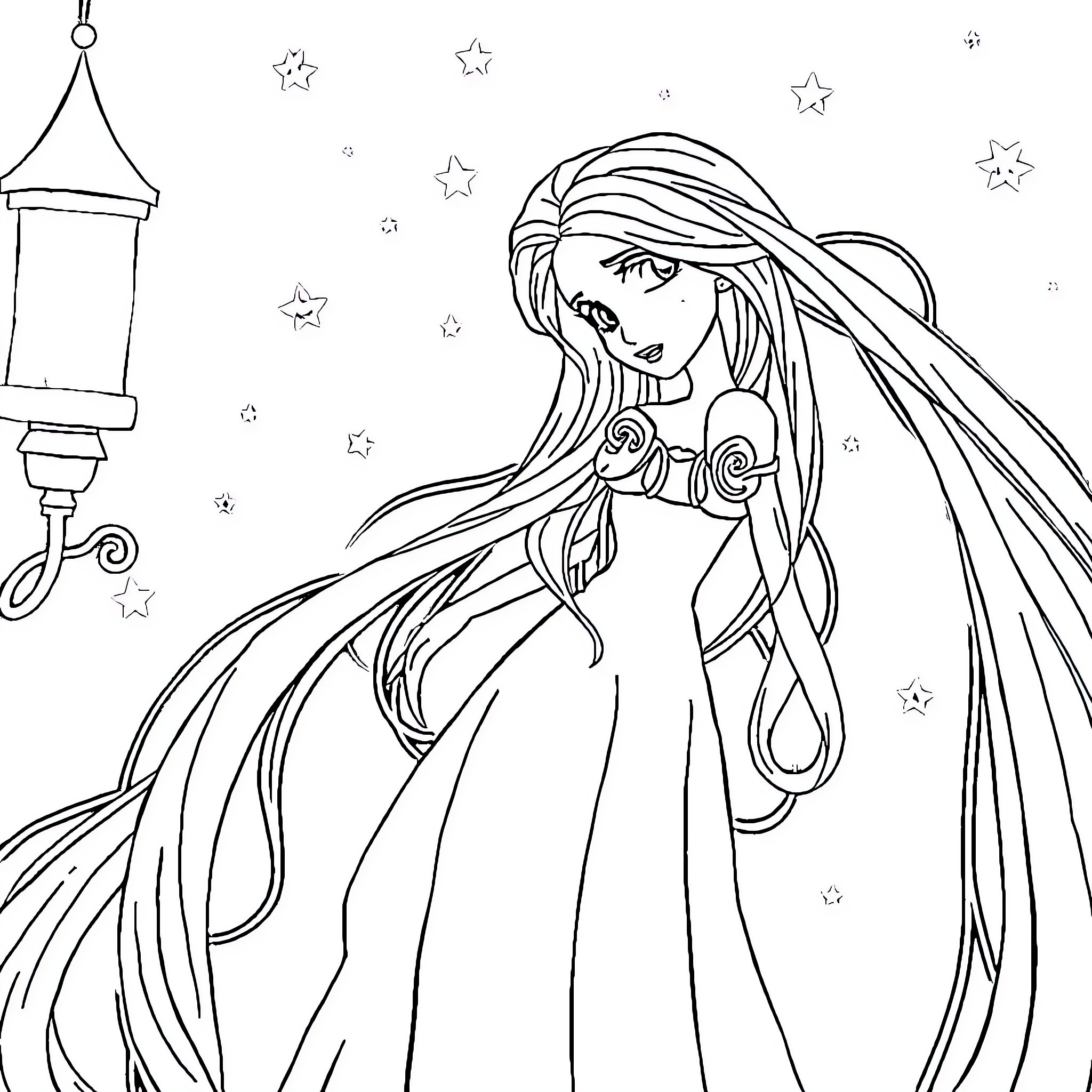Rapunzel's Magical Night Adventure Coloring Page (free black-and-white line drawing printable PDF for all, from beginners to advanced learners, including children, teens, adults, and seniors)