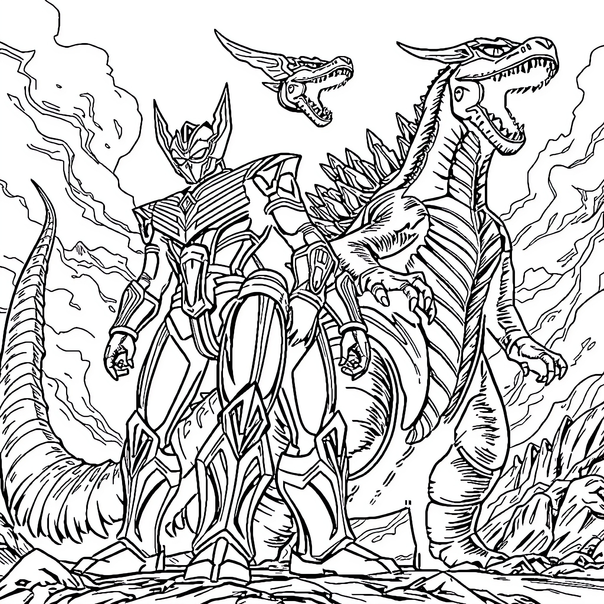 Ultramen Battling Ferocious Dragons in an Intense Showdown Coloring Page (free black-and-white line drawing printable PDF for all, from beginners to advanced learners, including children, teens, adults, and seniors)