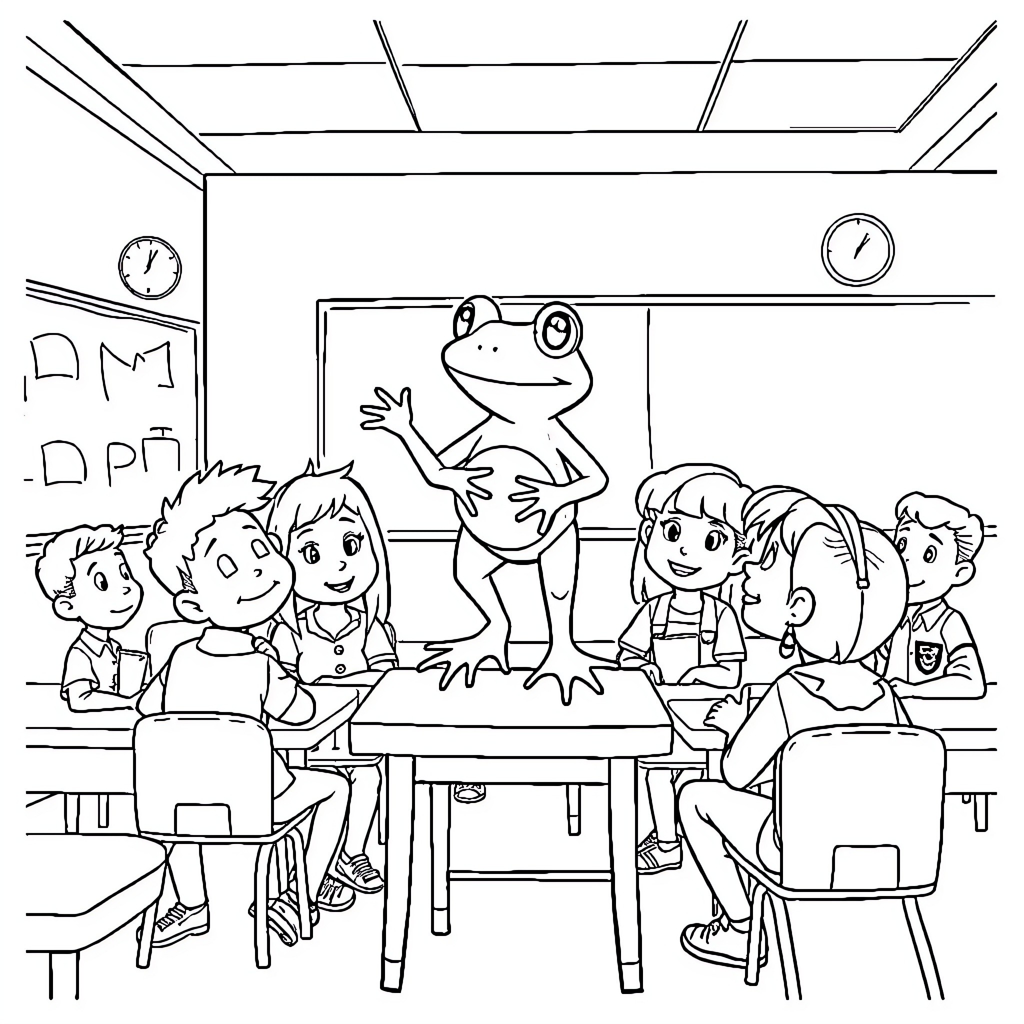Frog visiting students in the classroom Coloring Page (free black-and-white line drawing printable PDF for all, from beginners to advanced learners, including children, teens, adults, and seniors)