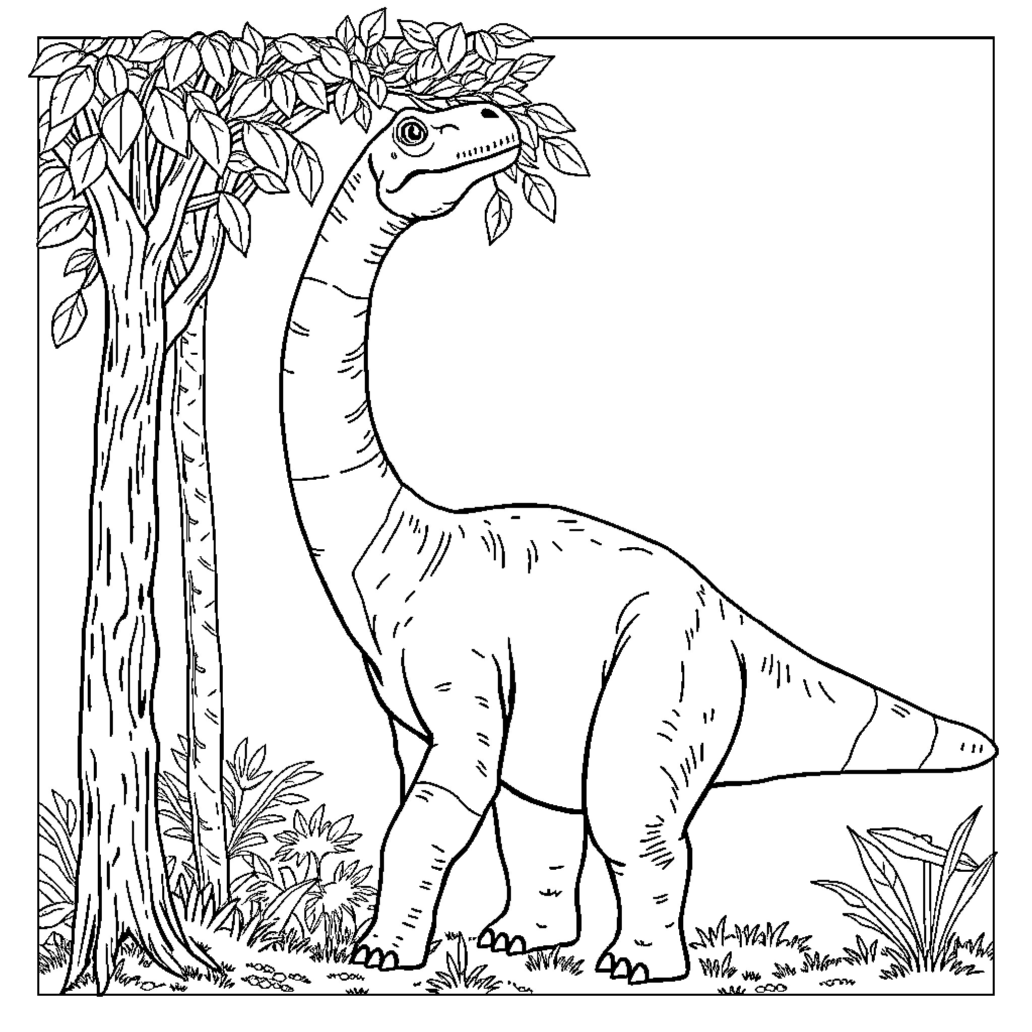 Brontosaurus exploring lush forest landscape Coloring Page (free black-and-white line drawing printable PDF for all, from beginners to advanced learners, including children, teens, adults, and seniors)