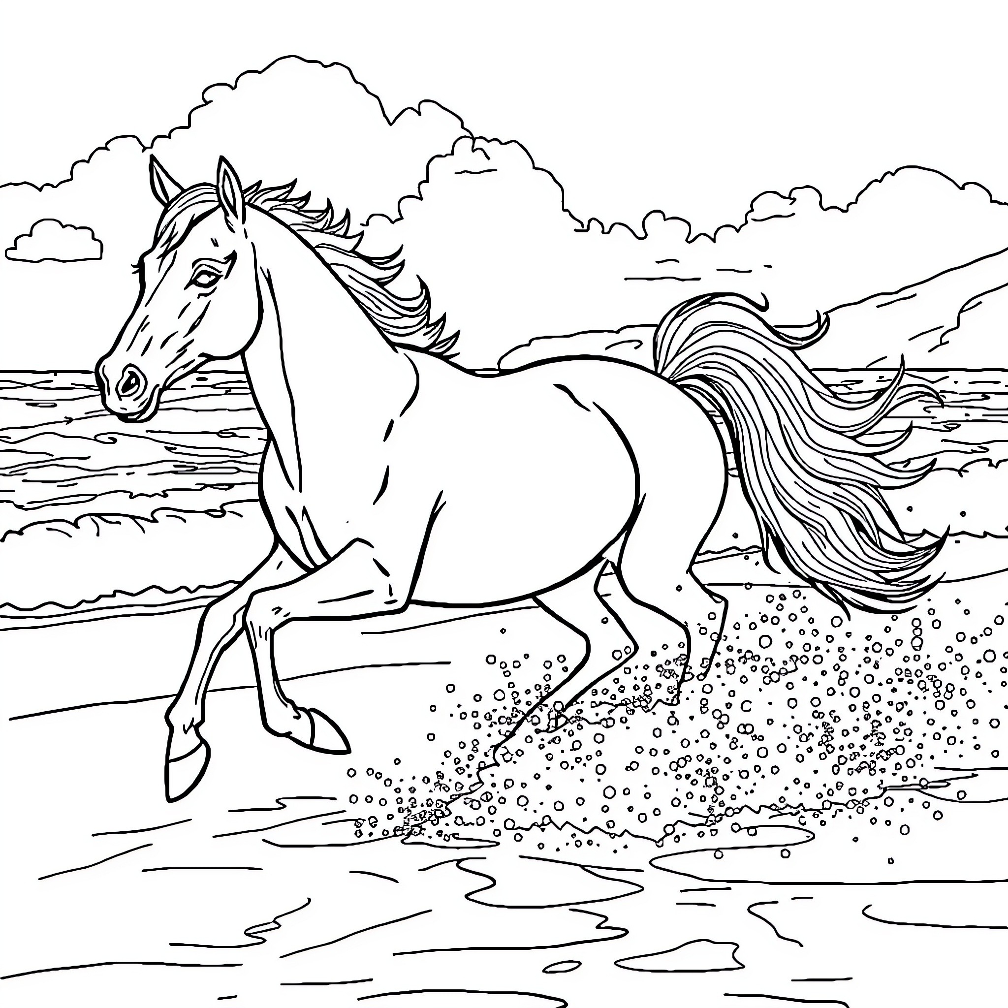 Horse running freely in nature's landscape Coloring Page (free black-and-white line drawing printable PDF for all, from beginners to advanced learners, including children, teens, adults, and seniors)