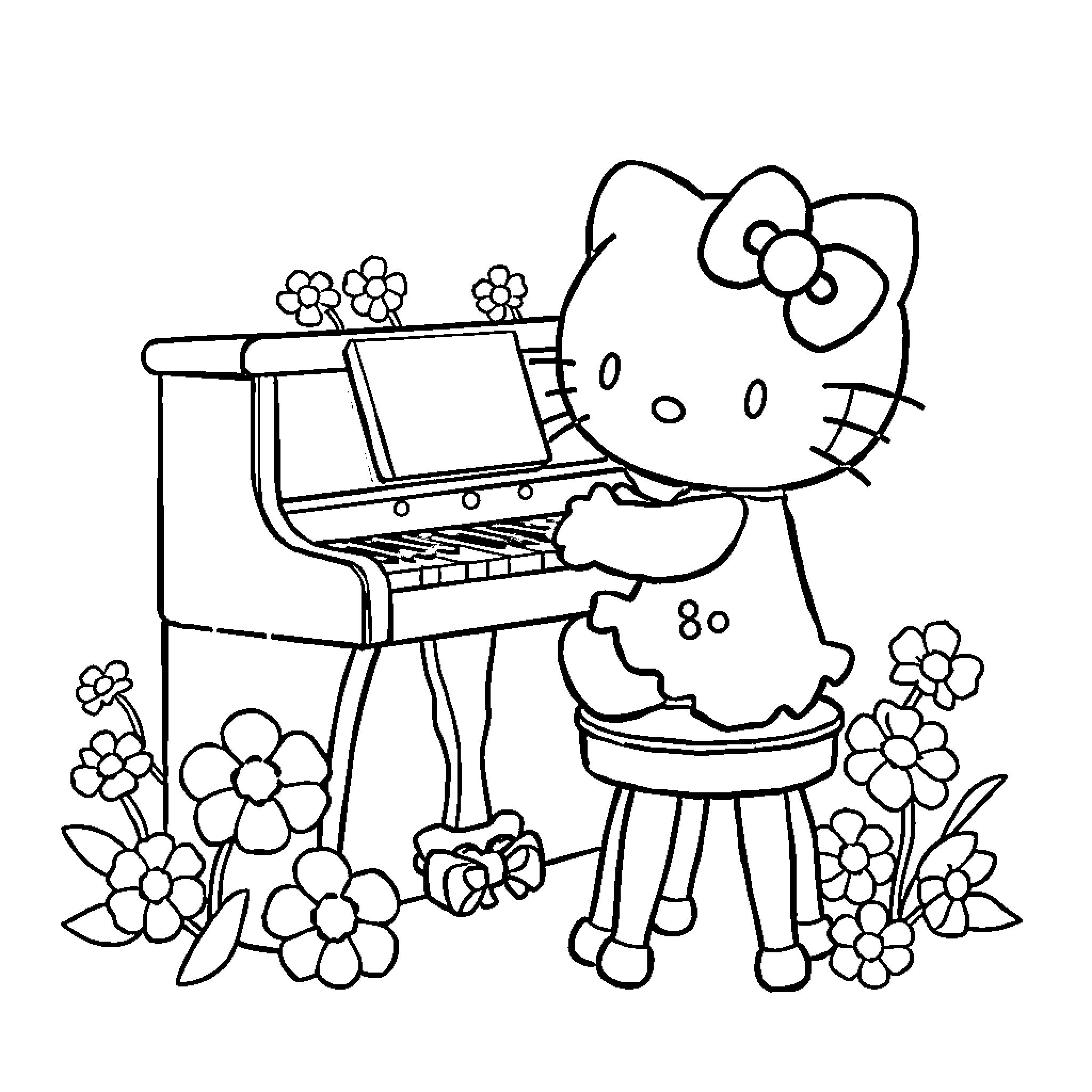 Hello Kitty playing piano in a flowery garden Coloring Page (free black-and-white line drawing printable PDF for all, from beginners to advanced learners, including children, teens, adults, and seniors)