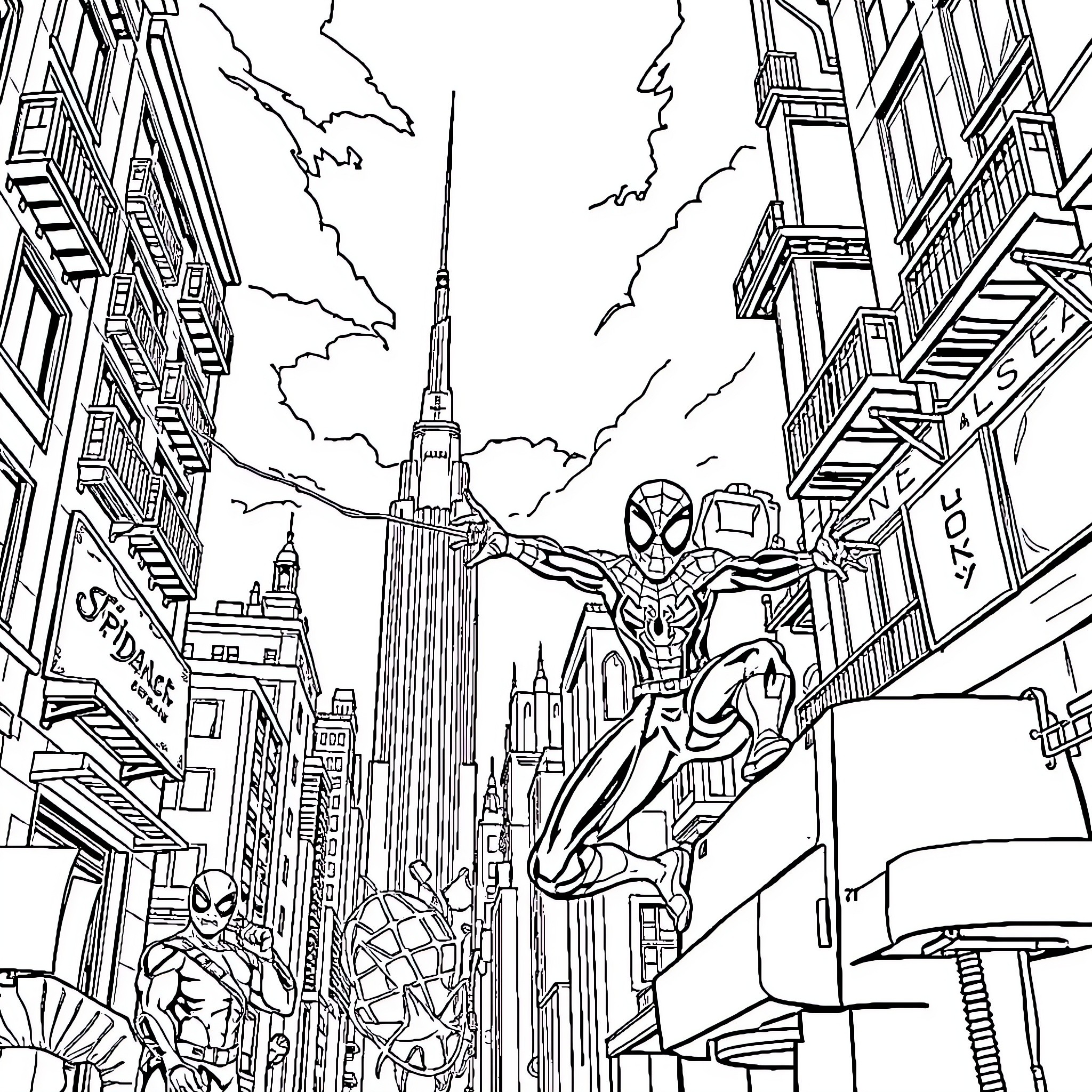 Spiderman swinging through the city streets Coloring Page (free black-and-white line drawing printable PDF for all, from beginners to advanced learners, including children, teens, adults, and seniors)