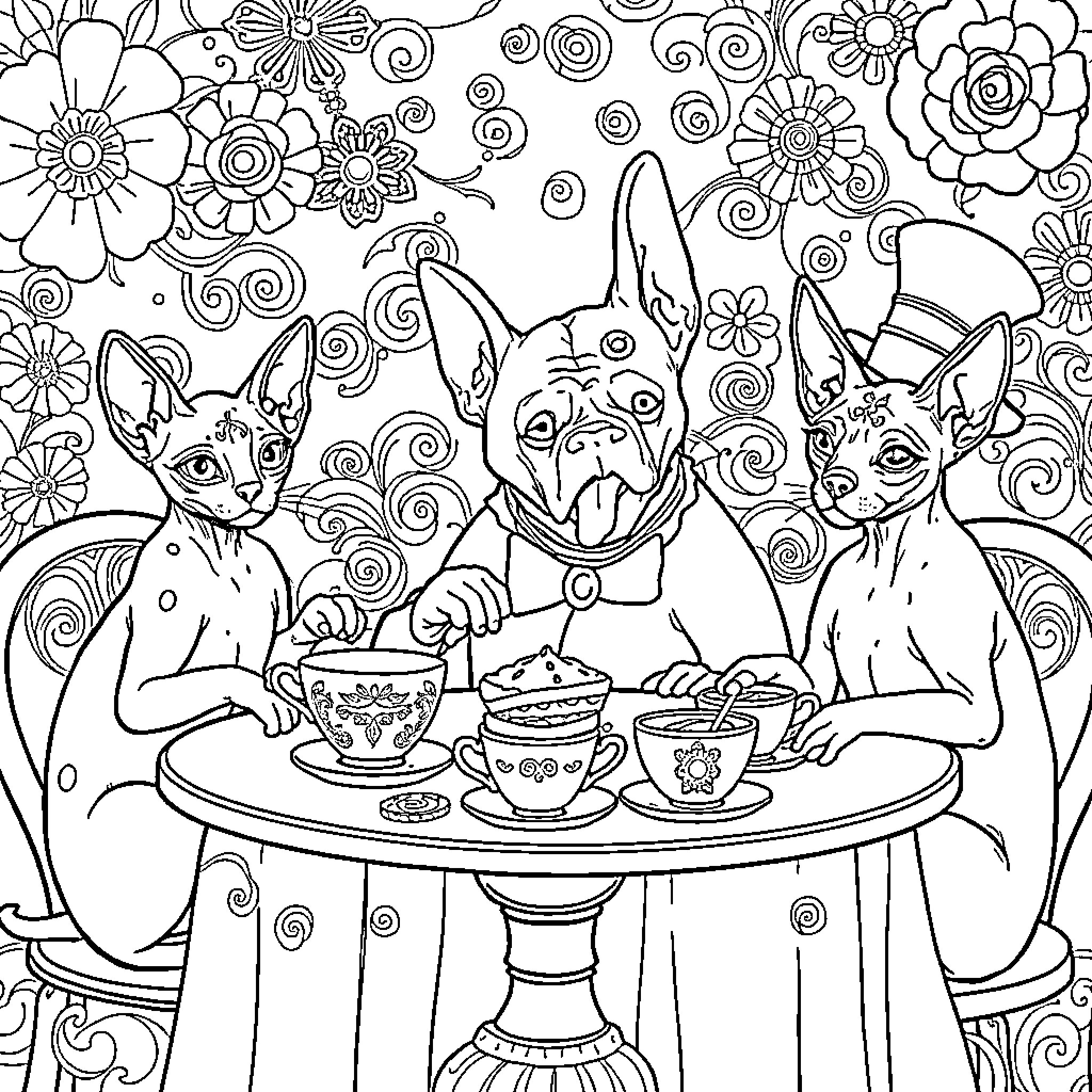 Cats having a tea party with floral decorations Coloring Page (free black-and-white line drawing printable PDF for all, from beginners to advanced learners, including children, teens, adults, and seniors)